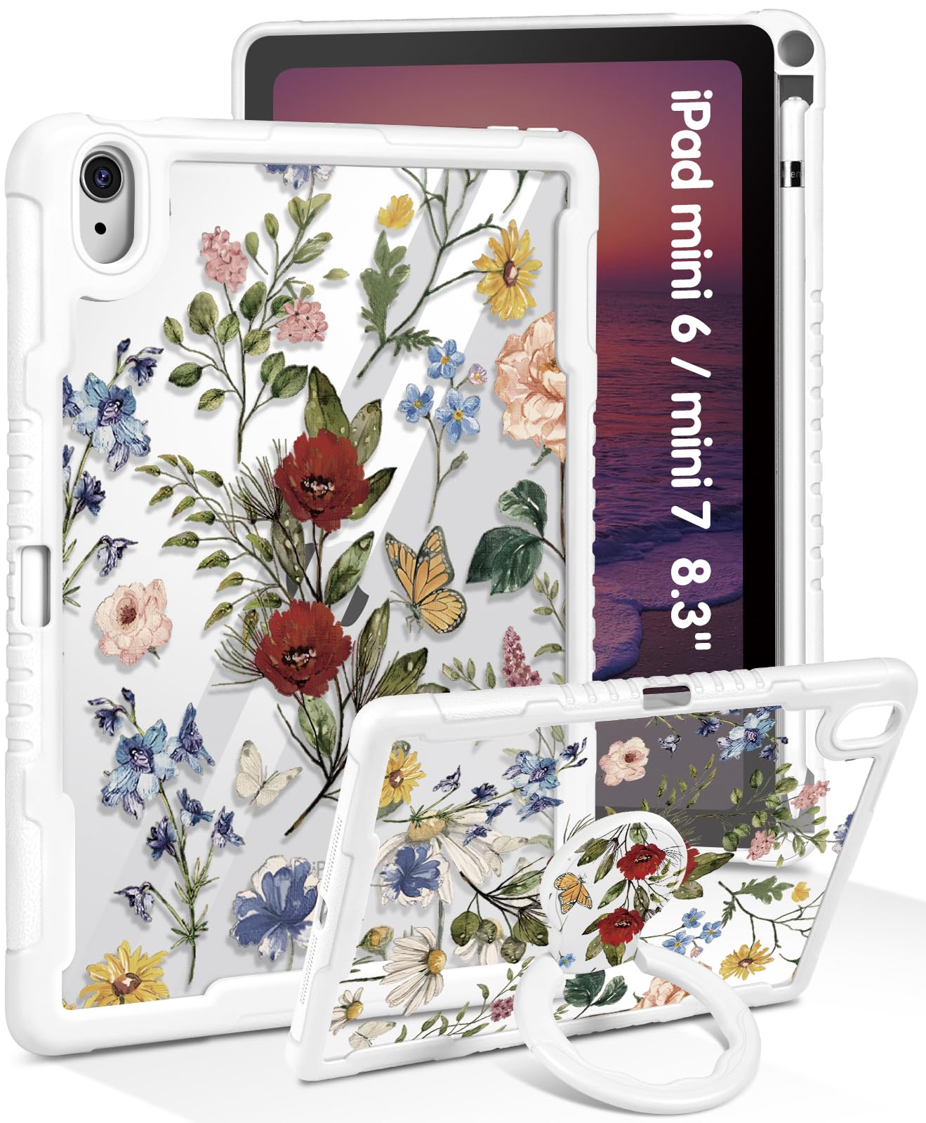 Uppuppy for iPad mini 7 A17 Pro 2024/Mini 6 2021 Case 8.3 Inch - Women Cute Girls with Stand & Pencil Holder Cover Girly Flower Floral Pretty Design