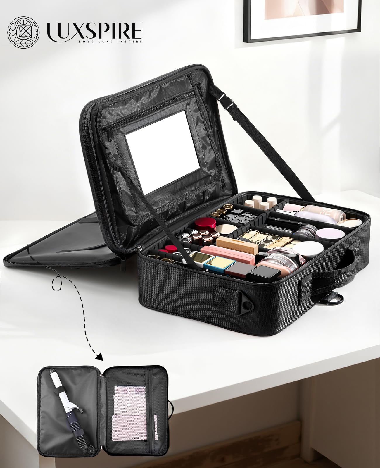 Luxspire Borsa Cosmetica con Specchio, Borsetto Cosmetico Portatile Professionale con Tracolla per Viaggio, Artisti Bagaglio Spazzole Borsa Bagaglio Organizer Tool con Divisor Regolabili - Nero