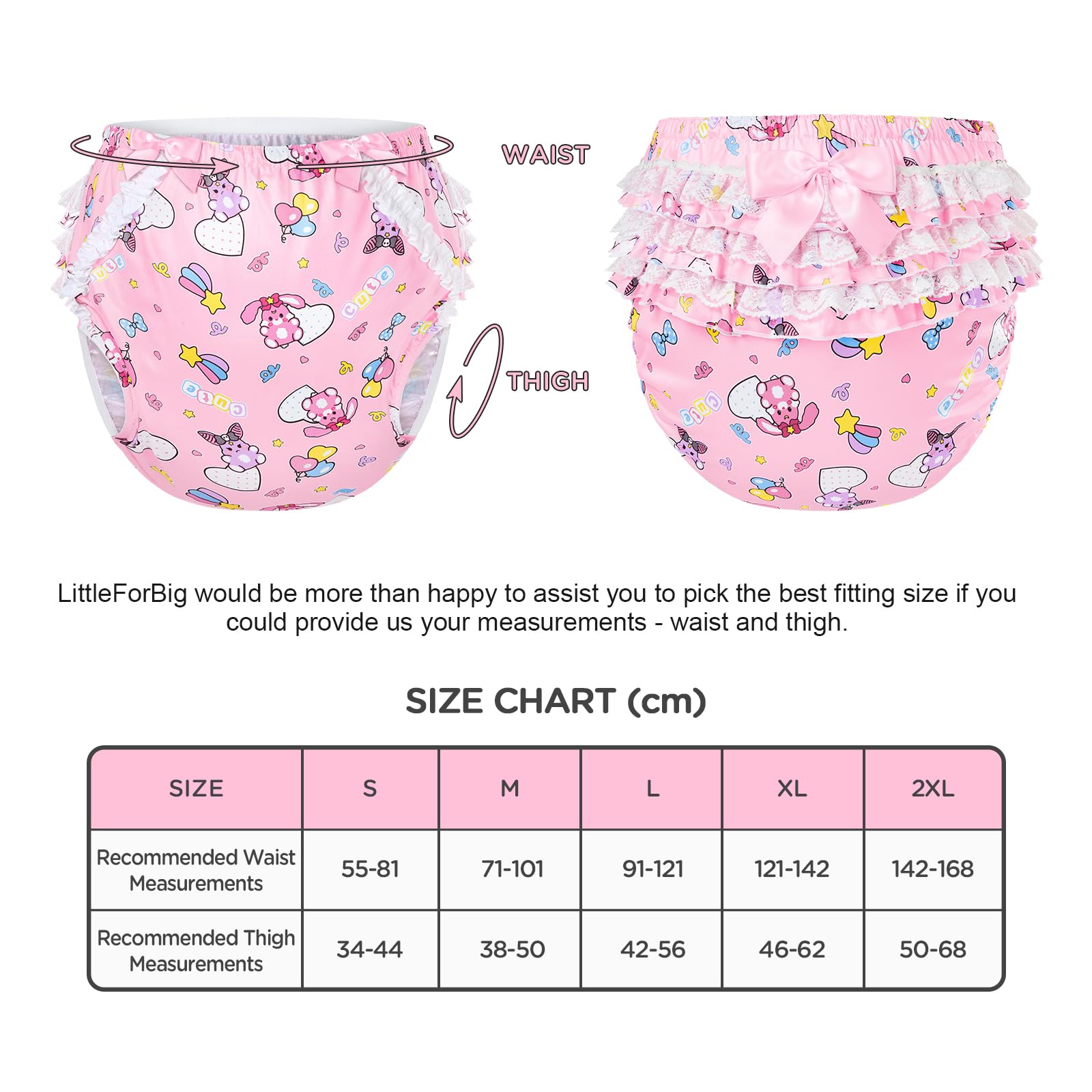 LittleForBig Sedoso lavable reutilizable impermeable con lazo de encaje fruncido bonito en bebé Usagi & Bella patrón sobre pañales adultos cubierta rosa S
