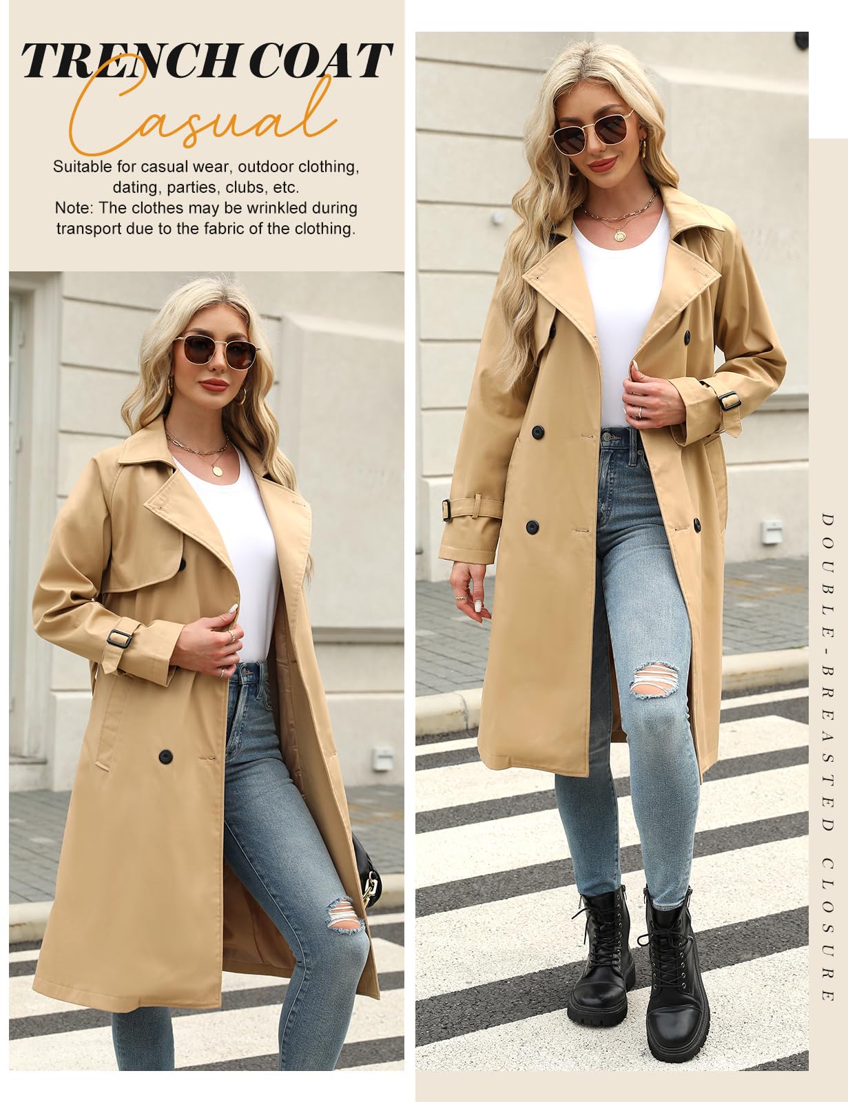 Tuopuda Gabardina para mujer Casual Abrigos con Cinturón Larga Gabardina mujer de Cuello Solapa Clásica Doble Botonadura Cortaviento Trench Chaqueta Primavera Otoño Abrigos