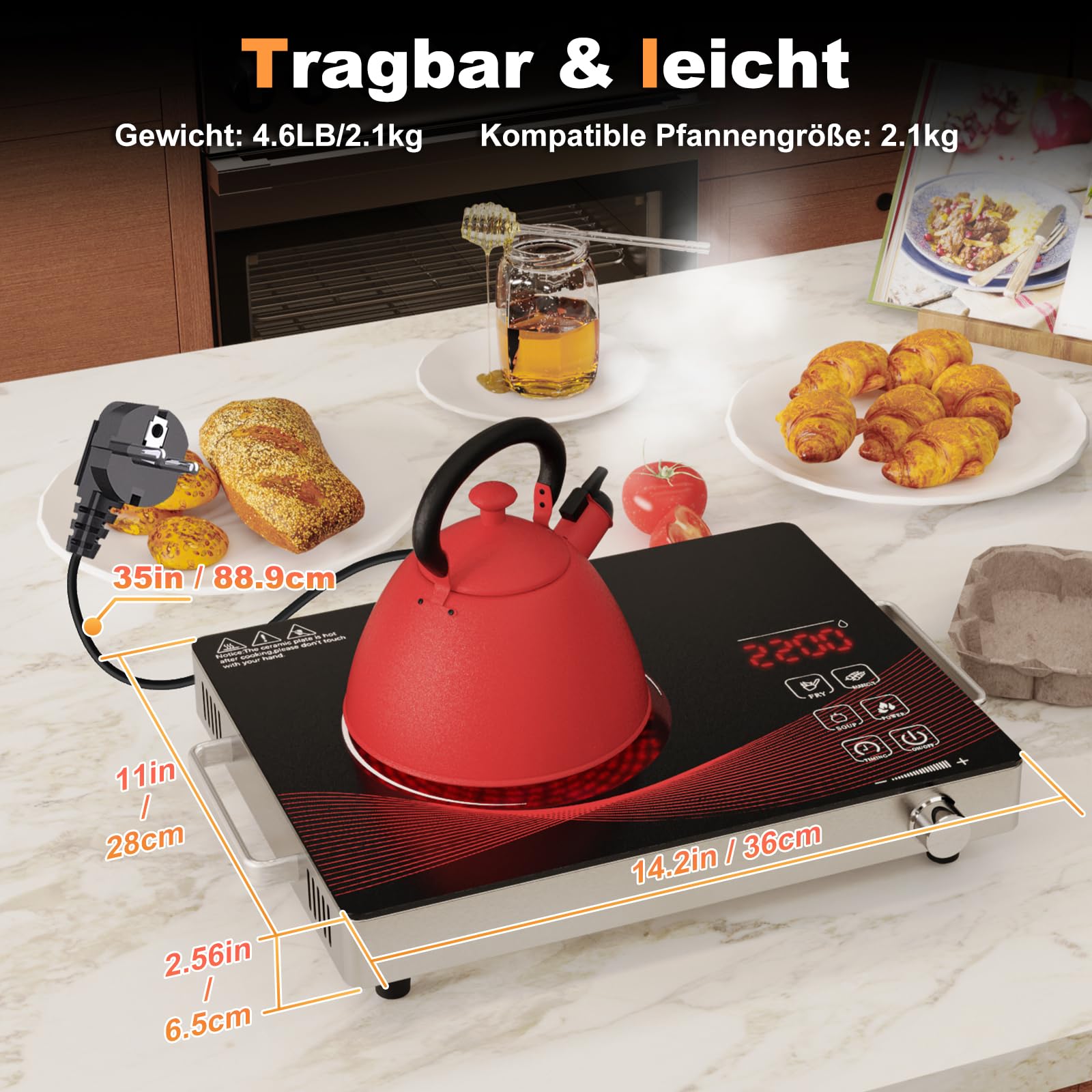 Glaskeramik Kochplatte 1 Platte Tragbar, Keramik Kochfeld Kochplatte 1er, Elektrisch Herdplatte mit Stecker, 18 Leistungsstufen, Timer, Kindersicherung, 2200W, 220-240V