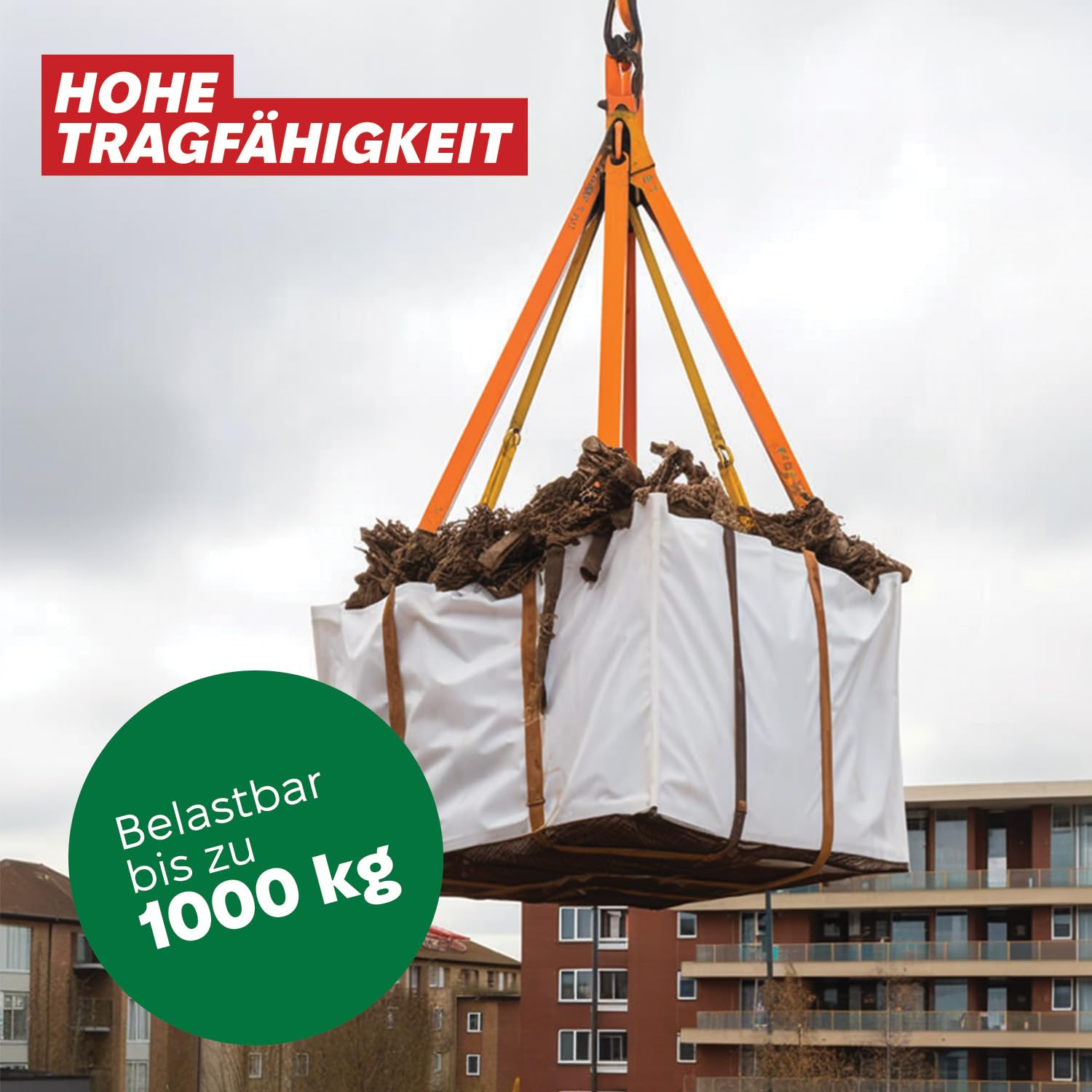 Big Bag mit 6 Schlaufen, 2 Schlaufen unten, 4 Schlaufen zum Heben - Säcke für Bauschutt, Holz, Gartenabfälle, Sand - Kiessäcke 90 x 90 x 90 cm, Big Bags mit einer Tragfähigkeit von 1000 kg (15 stück)