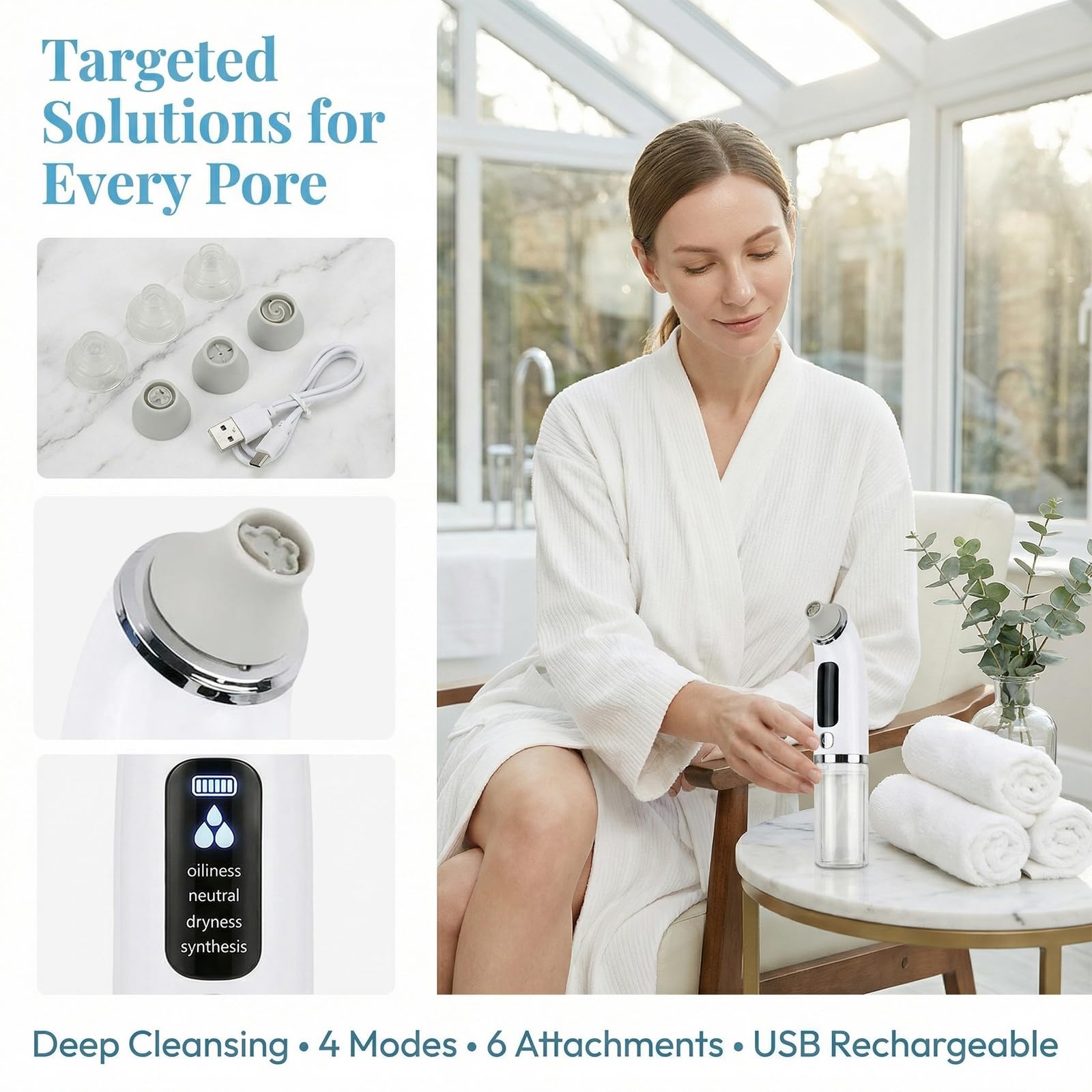 Aspiratore Punti Neri Professionale Ricaricabile, Rimozione Punti Neri e Pulizia Viso Profonda con 6 Testine e 4 Modalità, Aspira Punti Neri Elettrico per Donna e Uomo, Bianco