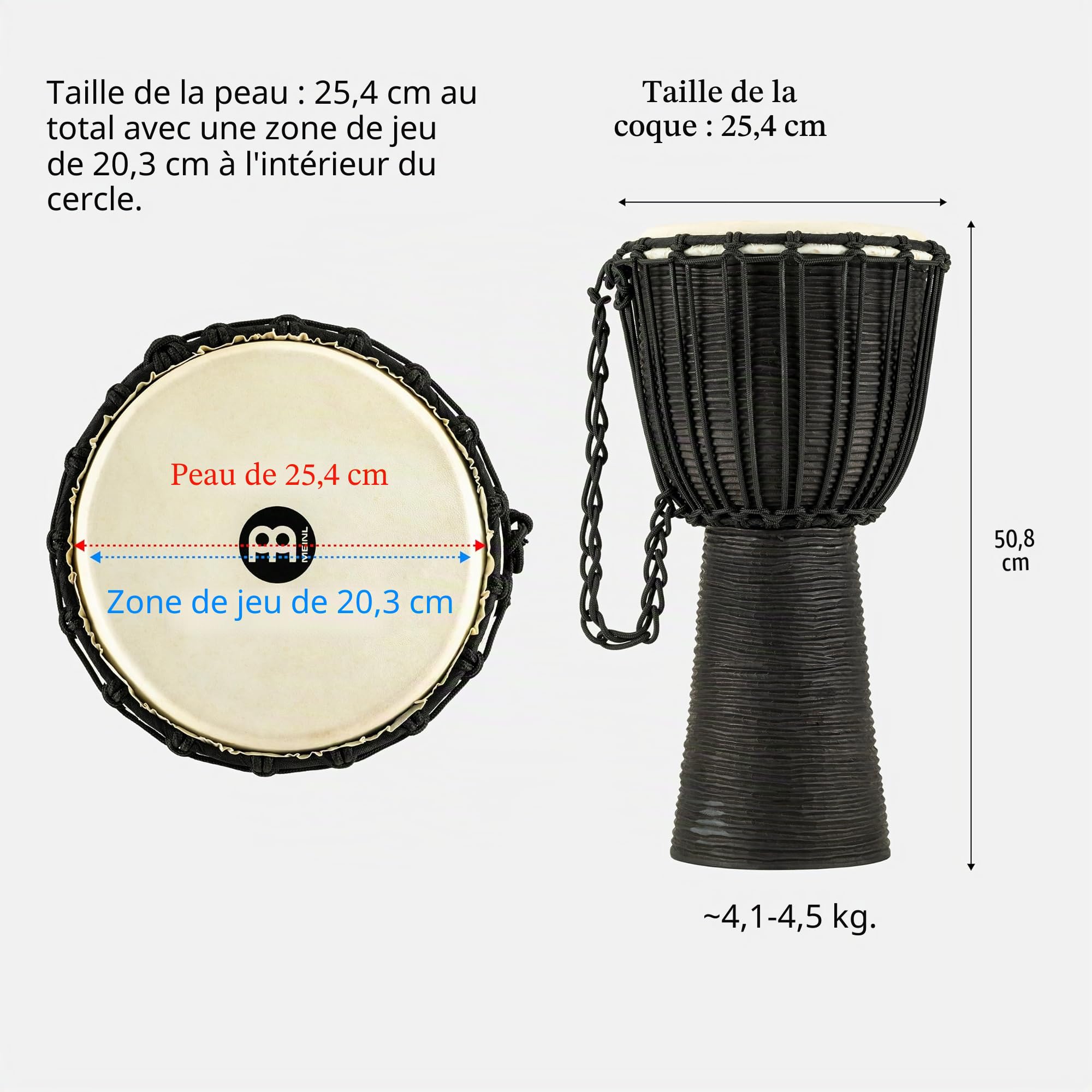 Meinl Percussion Djembe River À Cordes – Percussion à Main Moyenne Taille – Avec Peau de Chèvre – Diamètre 10 pouces – Acajou, Noir (HDJ3-M)