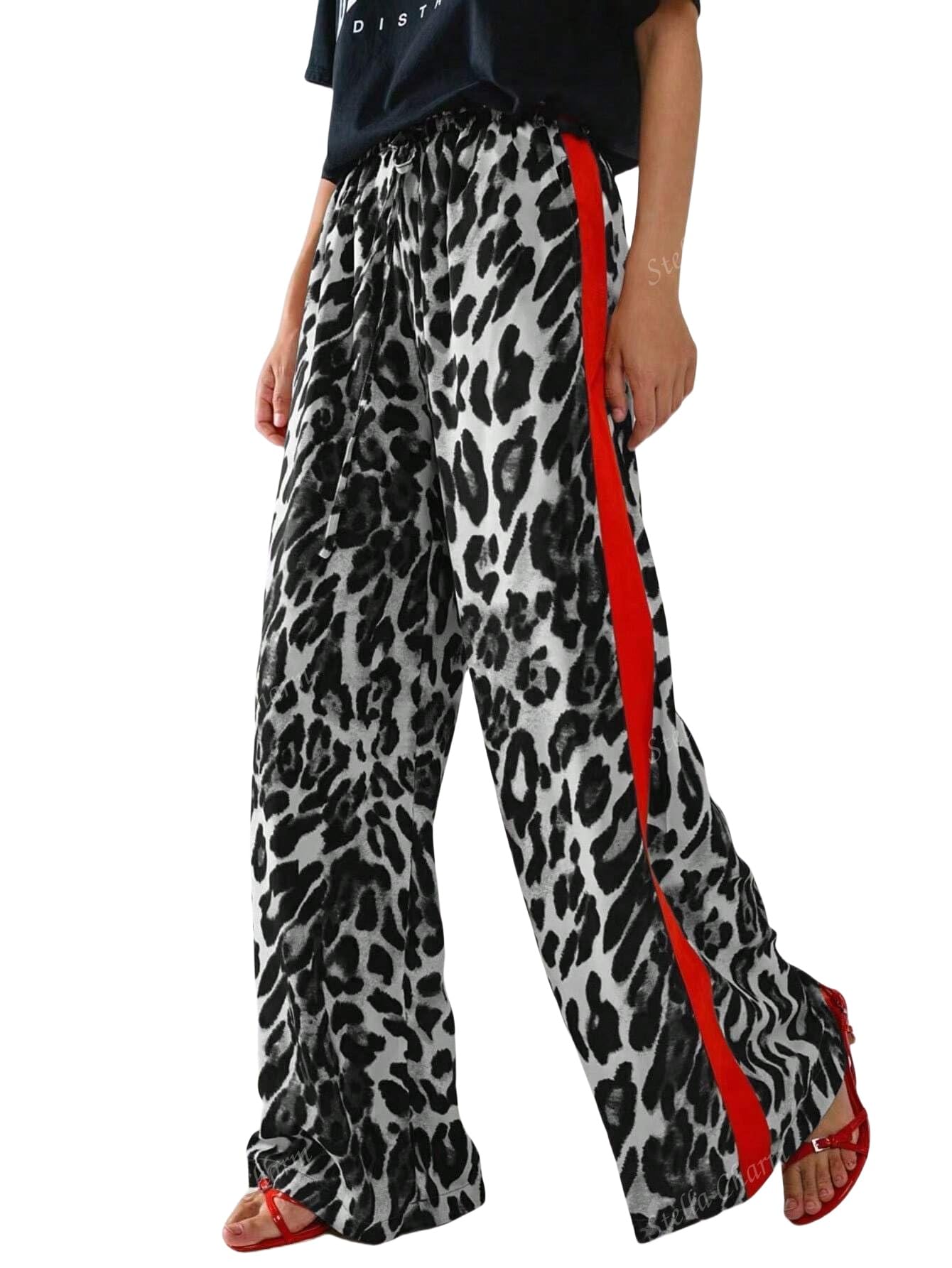 Womens Casual Pants Drawstring Leopard Print Color Block Side Striped Straight Leg Wide Leg Loose Pants 1-a-Grey S