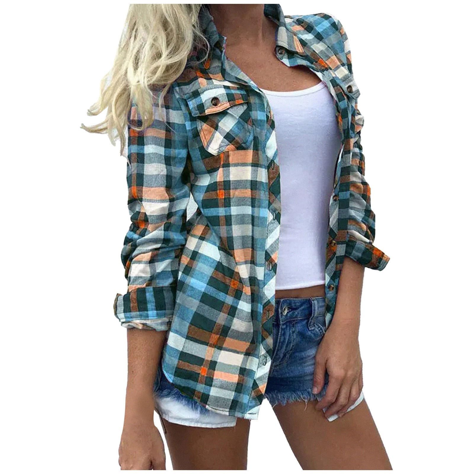 NUSGEAR 2024 Camisa de Manga Larga Mujer Primavera Verano Estampado a Cuadros Lino Moda Blusa Cuello en V Camiseta Tops Fiesta Suelto T-Shirt Casual Oficina Original Elegante tee Cómodo Basic
