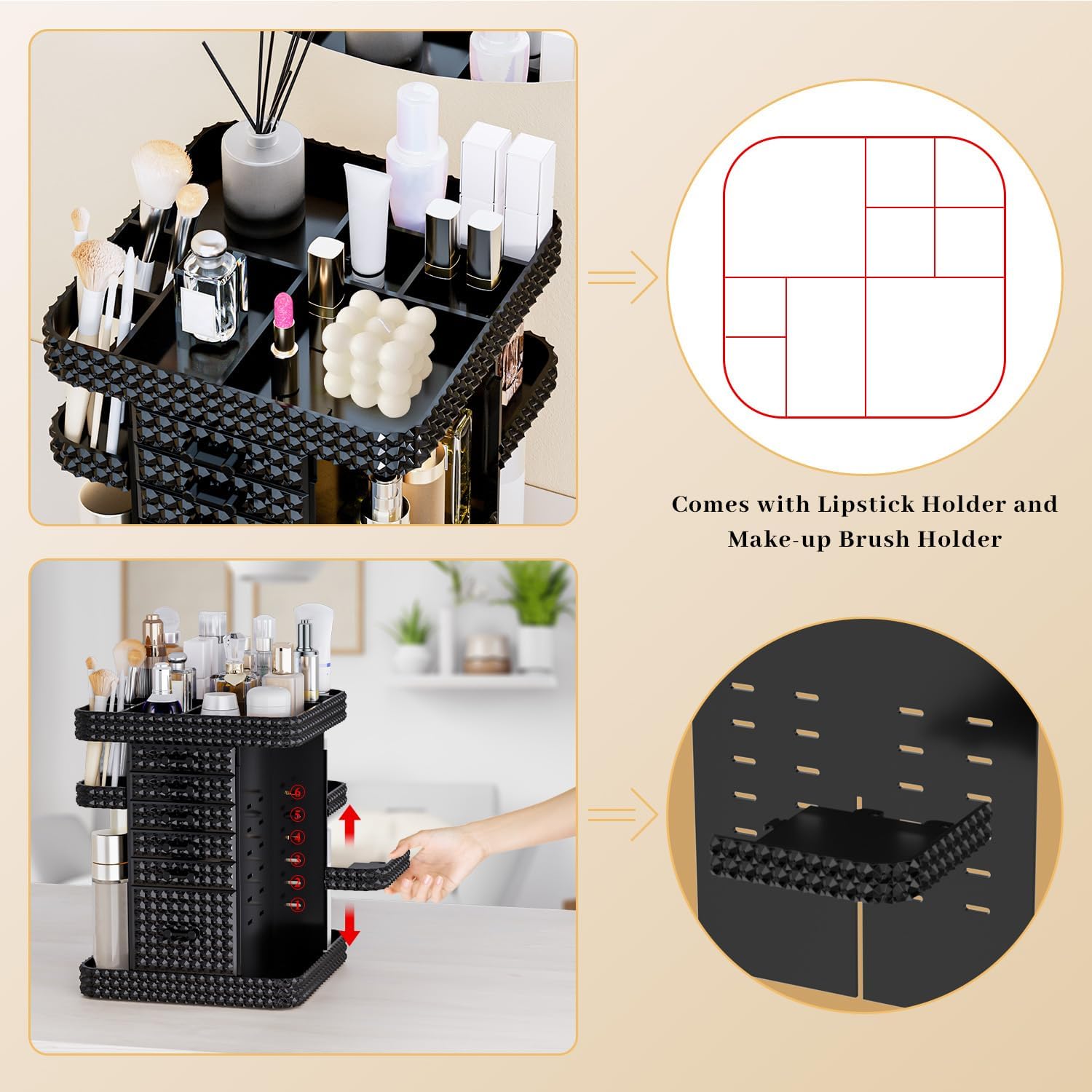 360 Rotating Makeup Organizer for Vanity, Large Skin Care Organizer with 6 Drawers Clear Acrylic Cosmetic Organizer Adjustable Spinning Makeup Storage Perfume Organizer for Dresser (Black)