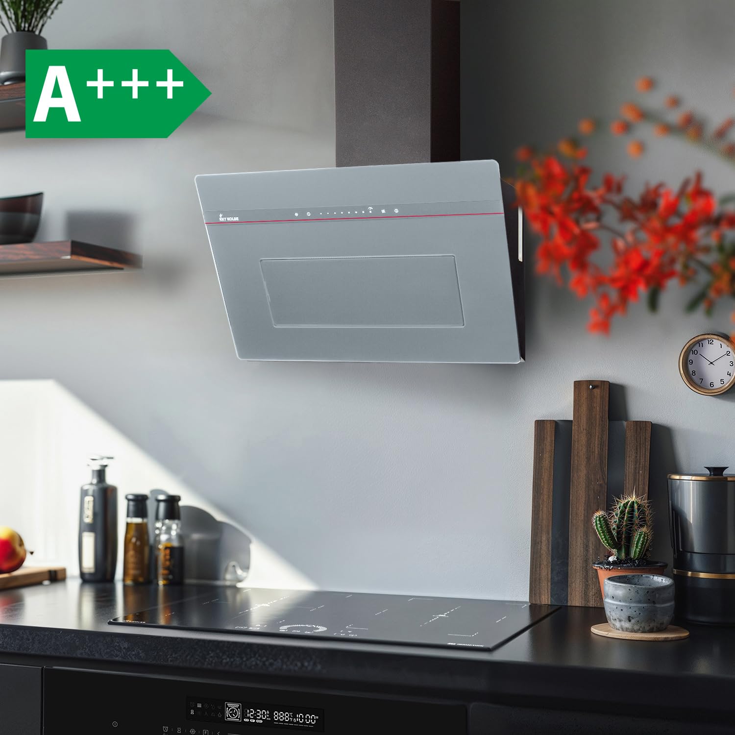 KKT KOLBE A+++ Campana extractora 60 cm 782 m³/h Uringang Cubierta de pared | Vidrio gris mate | Naloopautomatic | Smart WiFi App WLAN | SensorTouch | Iluminación LED RGBW | PLOOM6005G