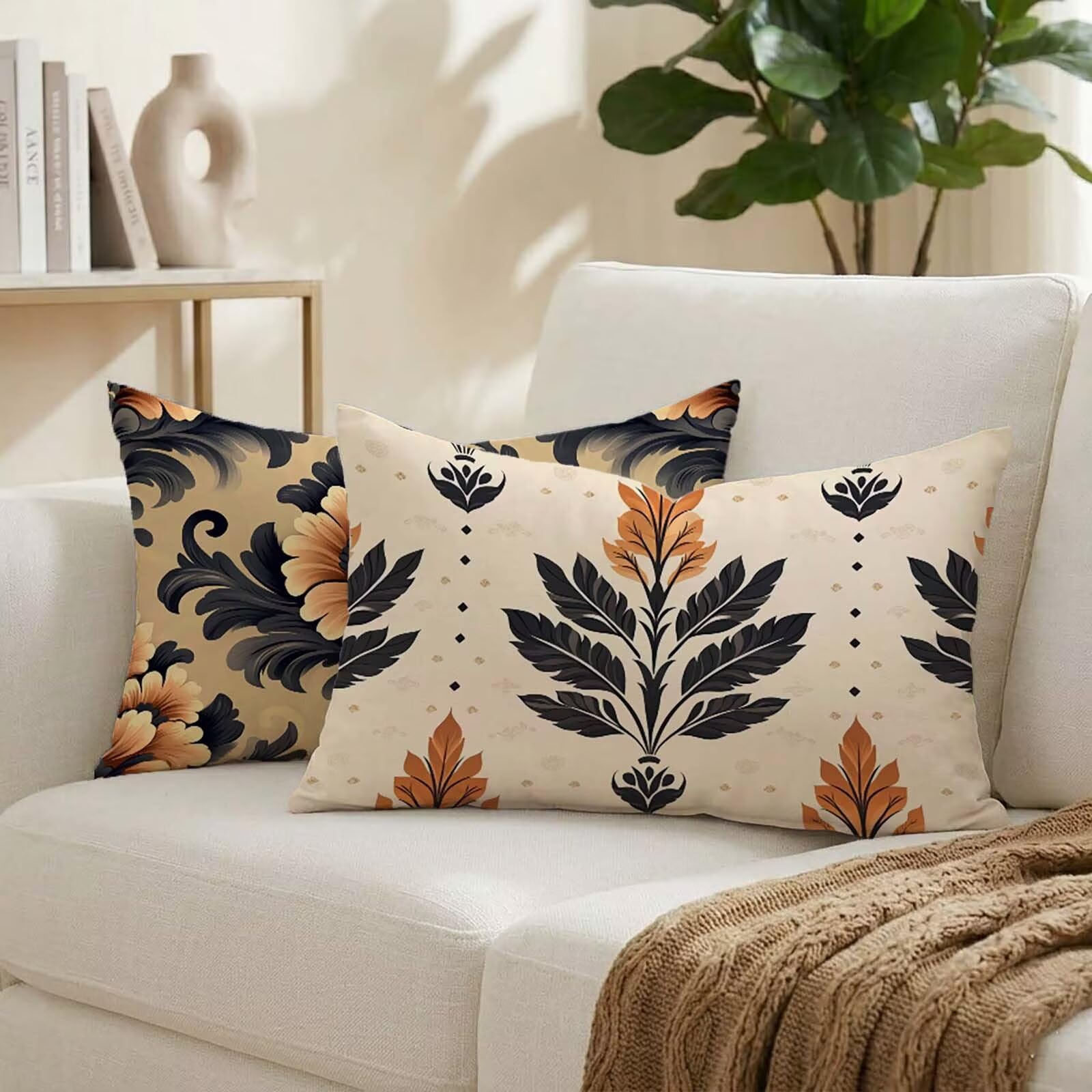 Coussin canapé décoratif 50x80 cm avec housse lin motif fleur lot de 2 imperméable K-3636