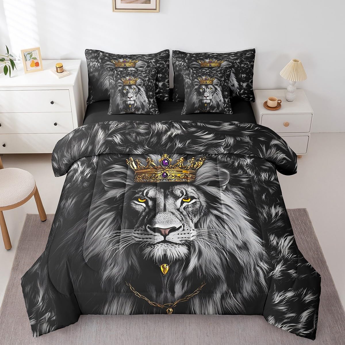 Feelyou Black Lion Comforter Set 7 Pieces King Size Safari Print Bedding Set for Kids Animals Fur Print Bed in a Bag,Comforter & Sheets & Pillowcases & Cushion Covers（No Real Fur）