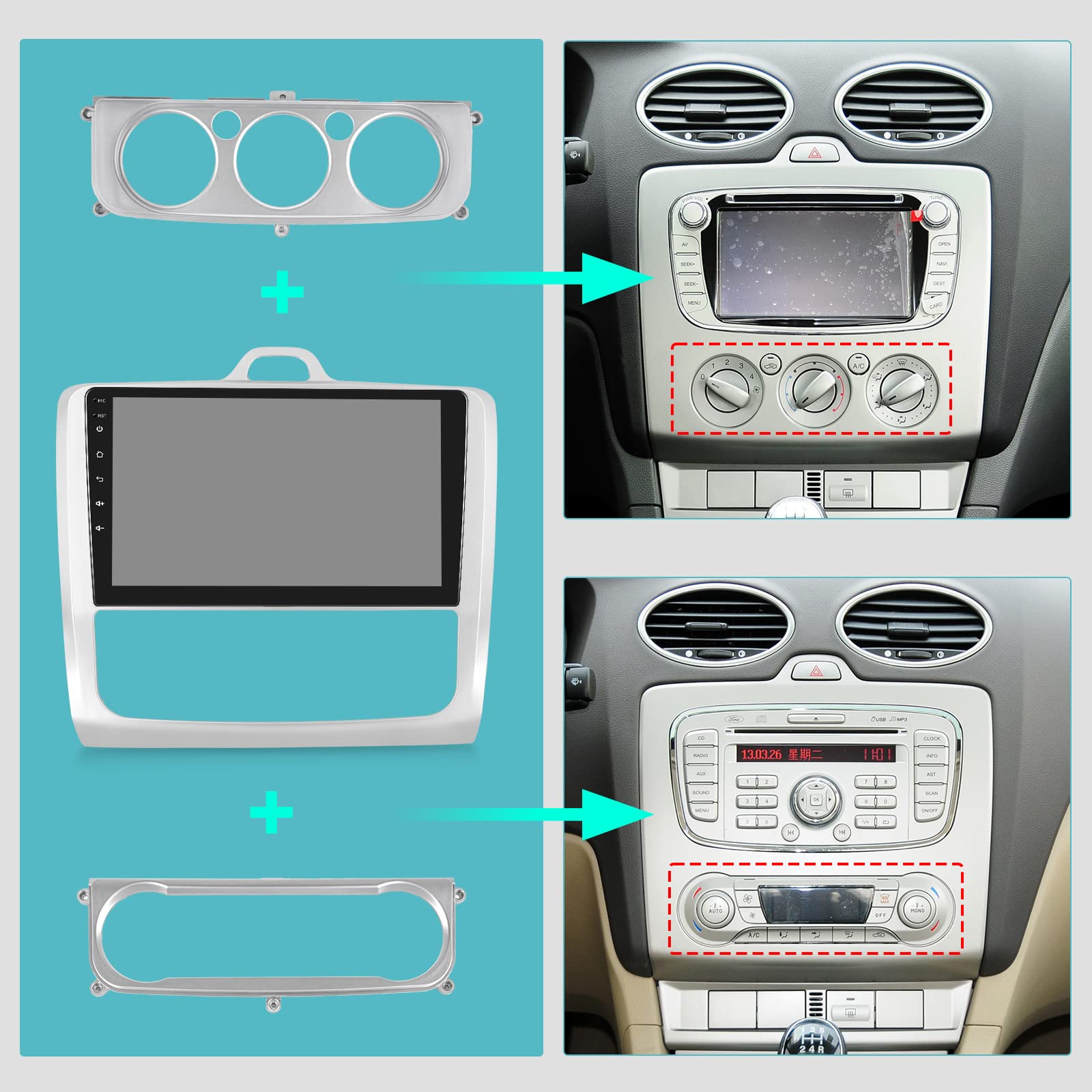 [2+64G] Android 13 Car Stereo para Ford Focus Exi MT 2 3 Mk2 Mk3 2004-2011 con Wireless Carplay y Android Auto - 9 Pulgadas de Pantalla Táctil Radio con WiFi/GPS/DSP/FM/RDS Radio + Cámara de Seguridad