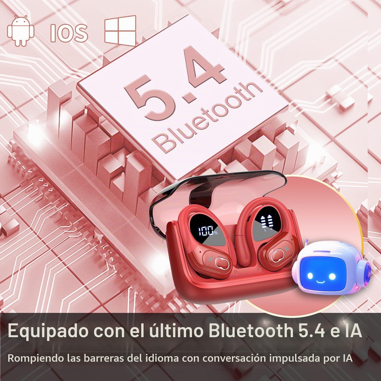AI Auriculares Traductor en Tiempo Real(2026), 164 Idiomas y 6 Modos de Traducción, 3 in 1 AI Auriculares Traductor, Bluetooth 5.4 con ENC y App con para Viajes/Negocios/Aprendizaje, Rojo Oscuro
