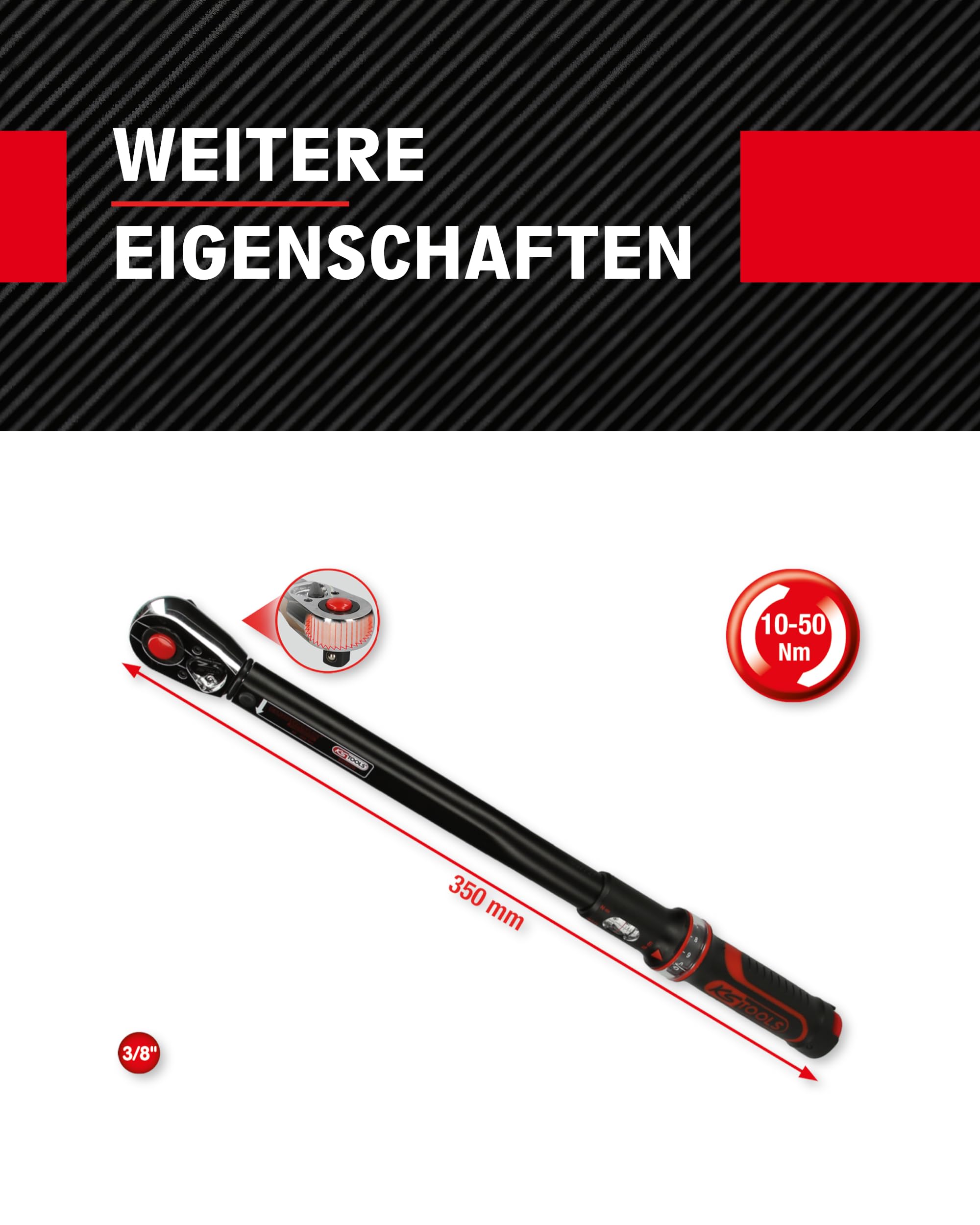 KS Tools Ratschen Drehmomentschlüssel 3/8" ERGOTORQUEprecision 516.1522 I 10-50 Nm I Mit Doppelskala in Nm und lbf•ft I Präzisions Schraubenschlüssel | 516.1522, Drehmomentschlüssel