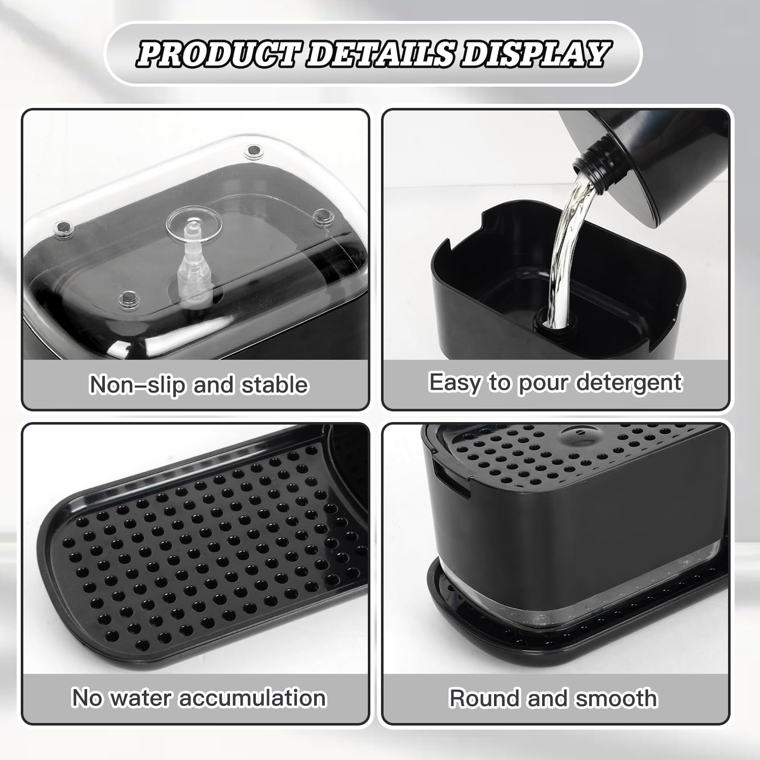 Dosificador Jabon Cocina, Juego de Organizador de Cocina Negro con Trapo, Cepillos y Esponja, Organizador de Fregadero Detergente Recargable, Caja de Almacenamiento de Fregadero de Jabón Líquido