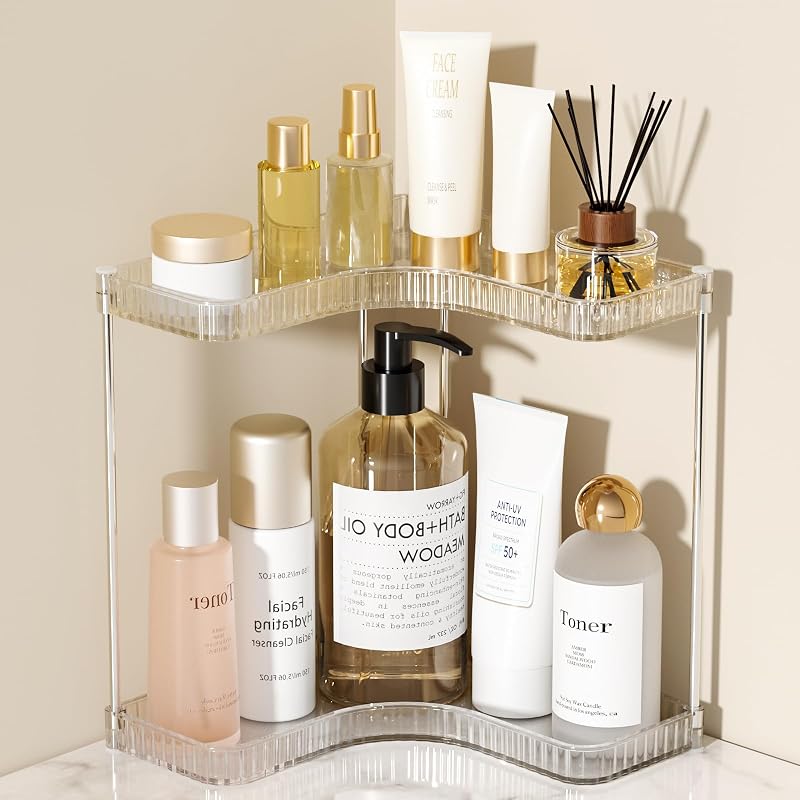 Corner Makeup Counter Organizers, 2-Tier Bathroom Corner Shelf, Clear