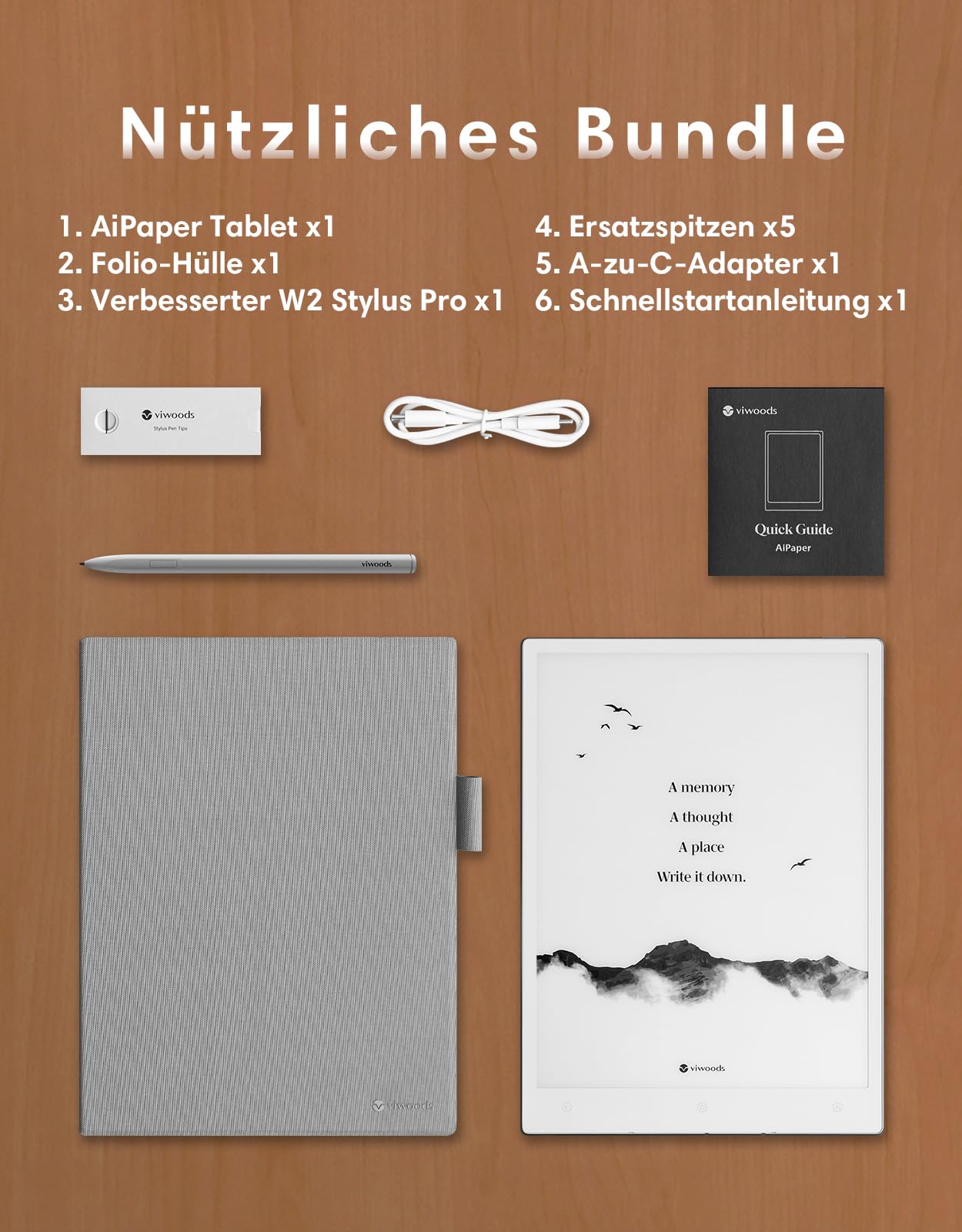 VIWOODS Aufgerüstetes Bundle mit AiPaper, Stylus Pro und 5 Spitzen, Carta 1300 AI E Ink Tablet, 10,65'' 300PPI Elektronisches Notizbuch mit Stift, Ultradünn 4,5mm, Leicht 370g, 128GB Notizgerät