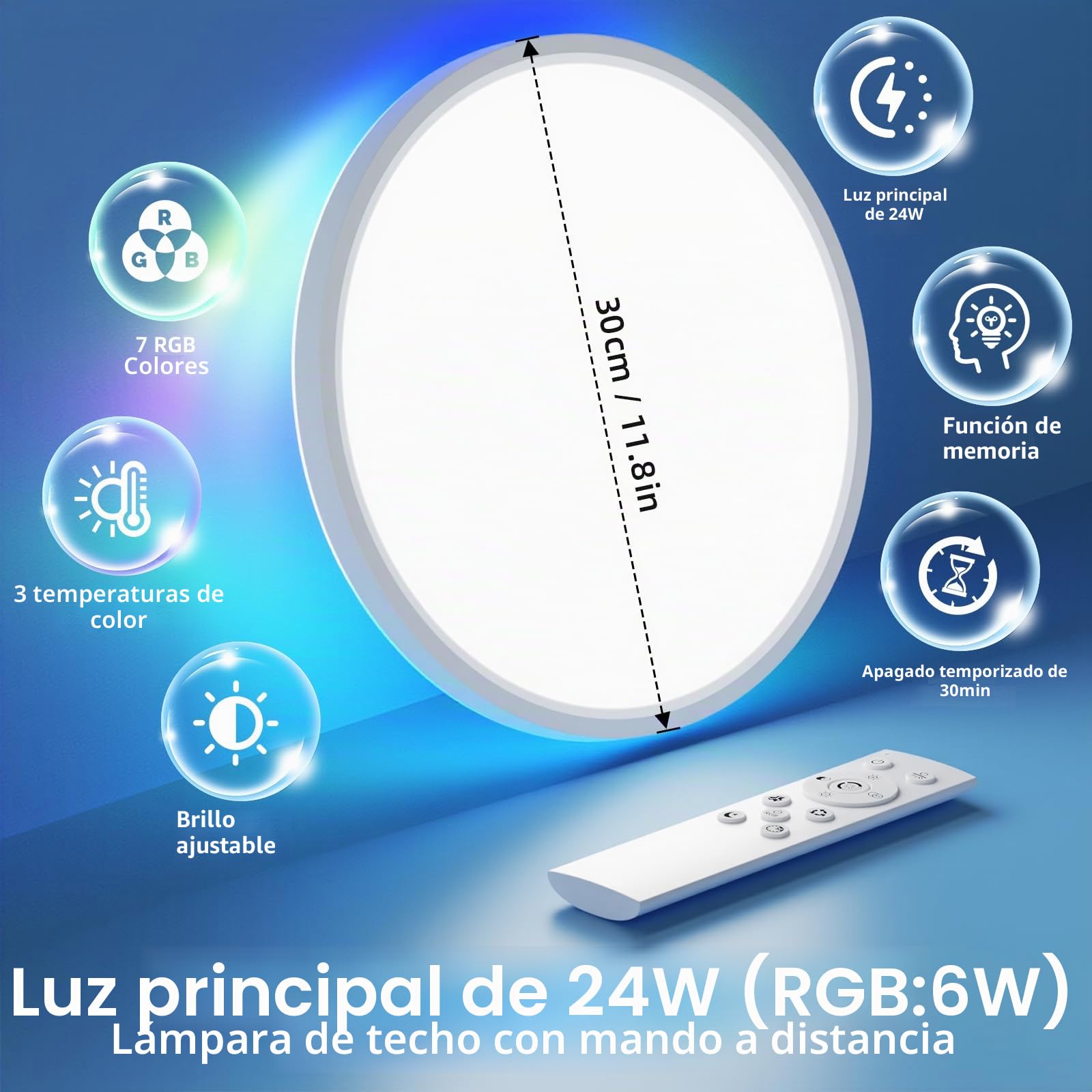 Plafon Led Techo Regulable 2Pcs, 24w 2160LM RGB Lampara Techo, 3000K-6500K Redonda Plana Lámpara de Techo, Moderna Plafón Luz Led con Mando a Distancia para Salones, Dormitorios, Baños - Ø30cm