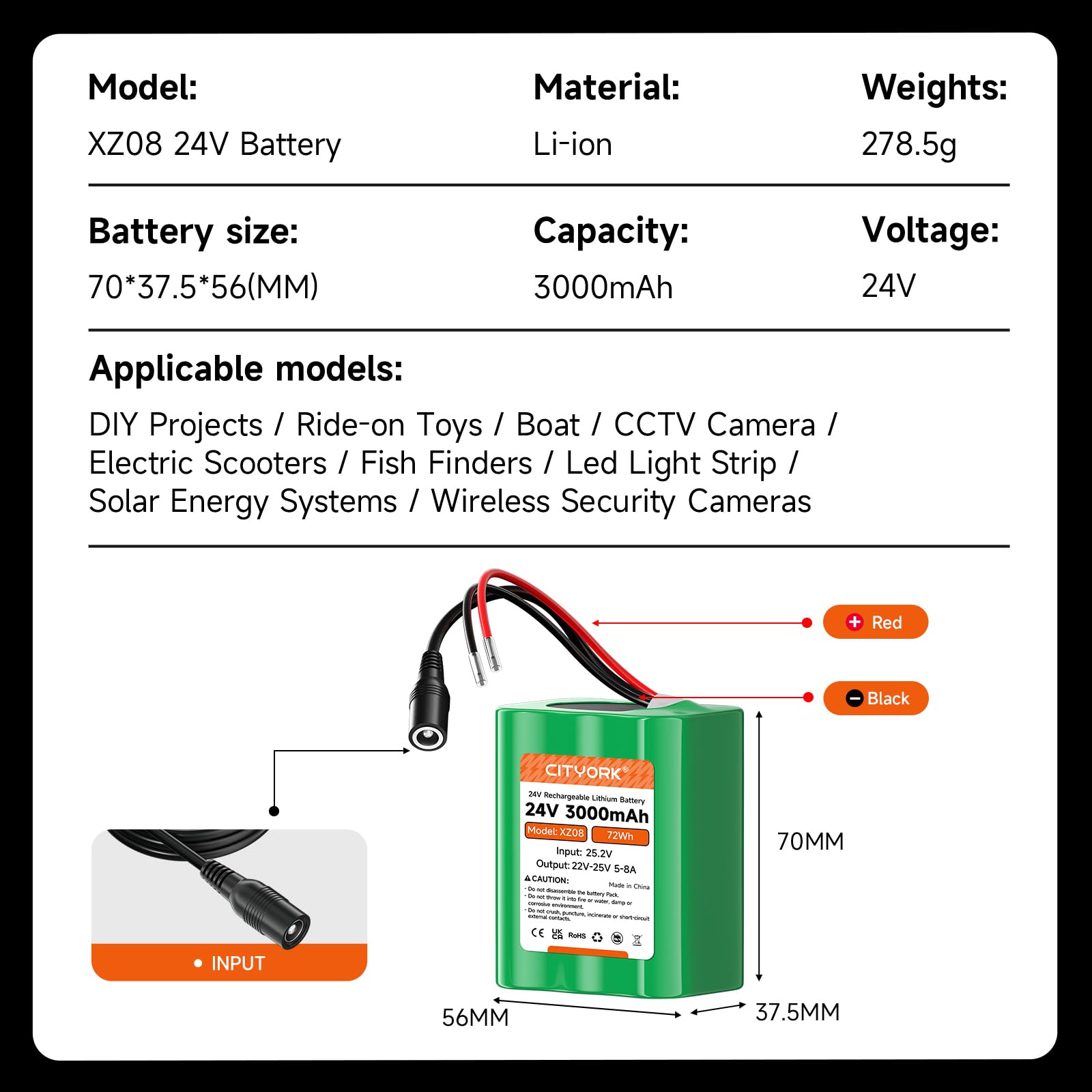 CITYORK Batterie lithium-ion rechargeable 24 V 3000 mAh pour projets de bricolage, bateau, caméra de vidéosurveillance, détecteur de poissons, barre lumineuse LED et plus encore