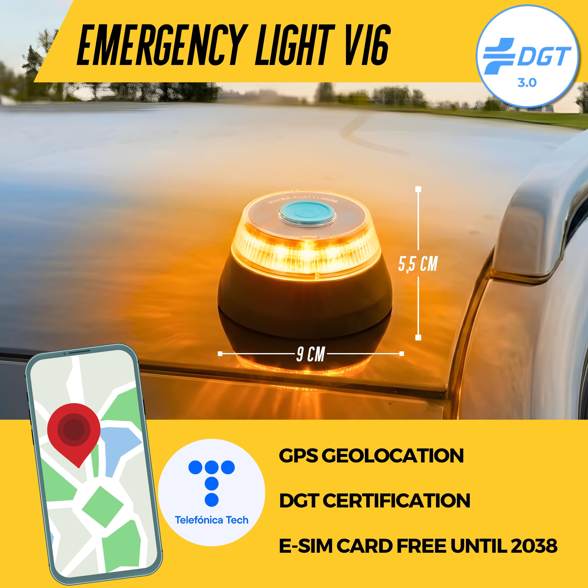MAGIC SELECT Luce di Emergenza V16 DGT 3.0 Omologata con Geolocalizzazione per Segnalazione Stradale, Auto e Moto, Luce Arancione Lampeggiante 360º, Base Magnetica, Include 3 Batterie AA