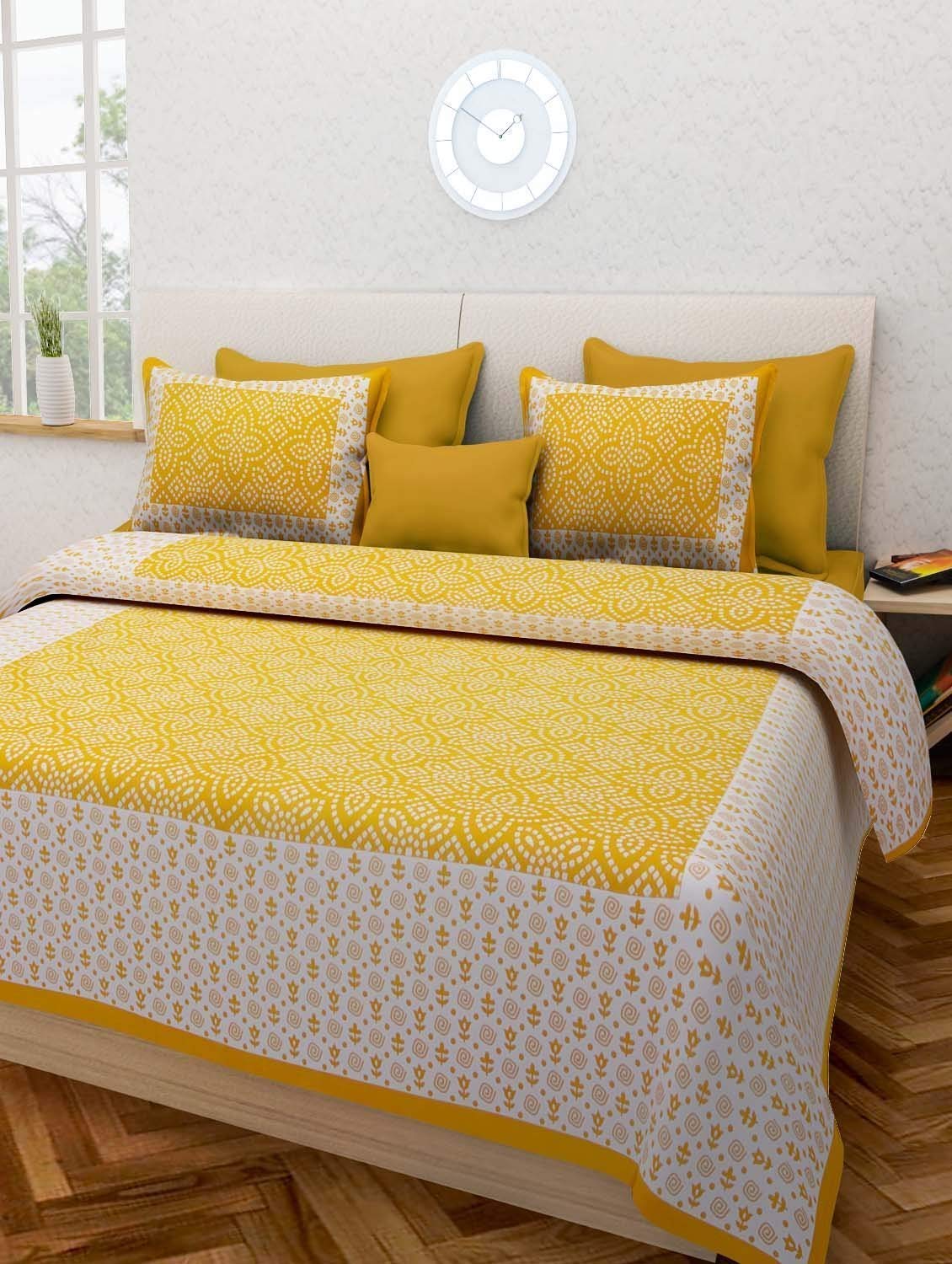 Ealth Kart144 TC 100% Cotton Rajasthani Jaipuri Double Bedsheet with 2 Pillow Covers - Yellow