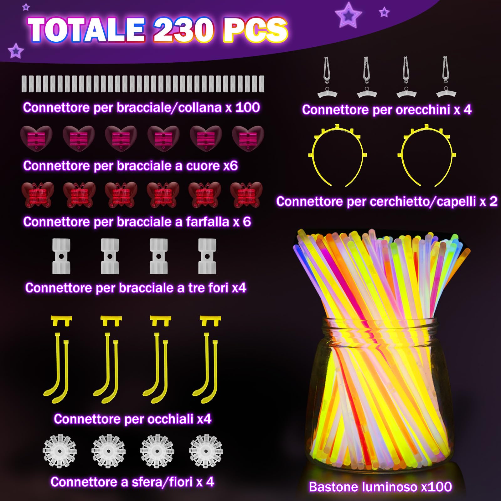 Millegu 230 Fluo Party Kit, 100 Braccialetti Luminosi Fluorescenti Bambini Adulti Starlight Glow Sticks e 130 Connettori per Bracciali Occhiali Gadget per Comleanno Feste Carnevale Capodanno 2026