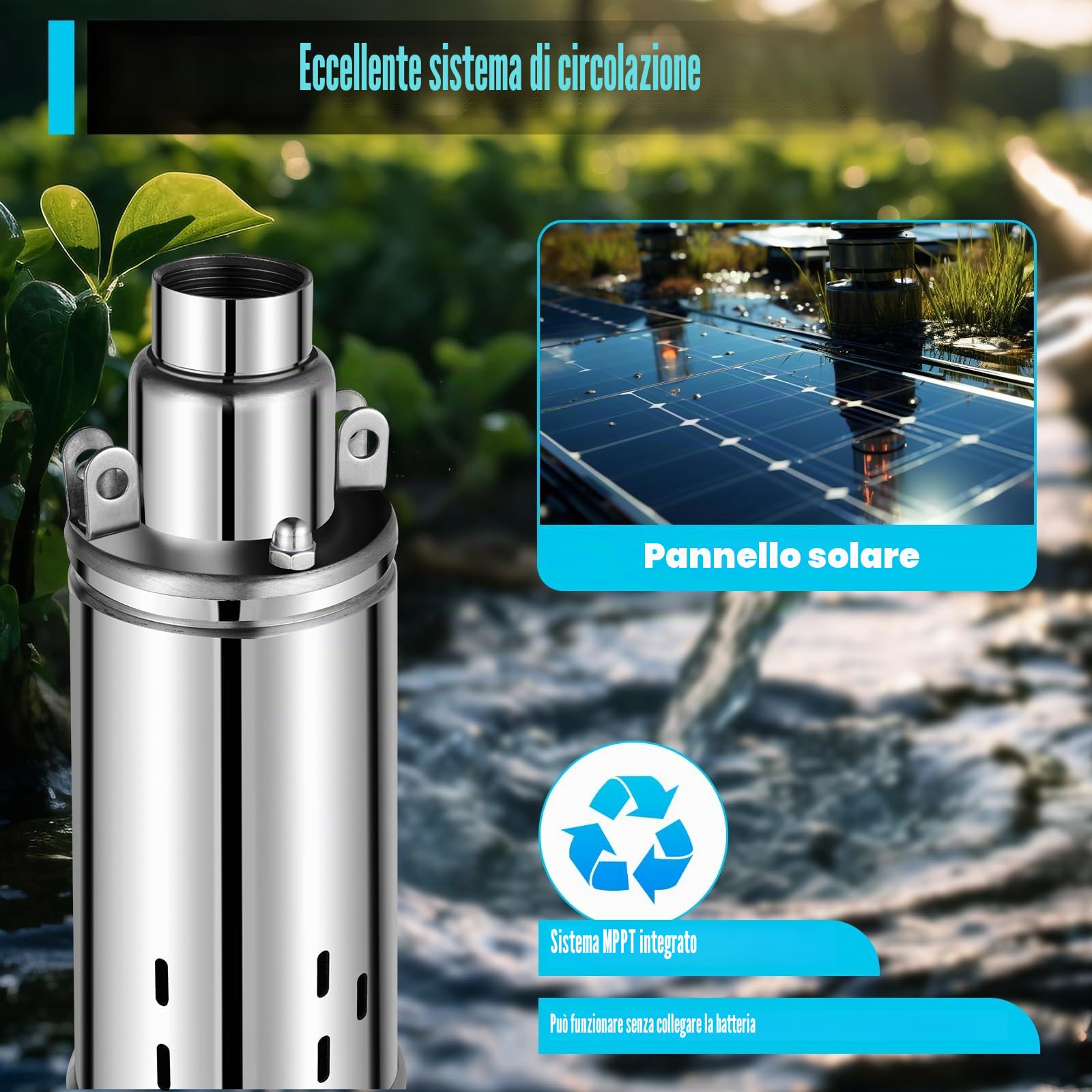 Pompa solare per pozzo profondo DC 24V 370W, pompa sommersa in acciaio inossidabile, altezza massima di sollevamento 65m, portata nominale 2m³/h, pompa solare sommersa per pozzo, irrigazione per