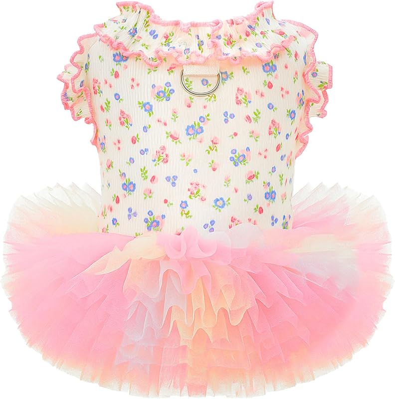 Floral Dog & Cat Dress with Tutu Skirt - Breathable Stretch Pet Clothes for Small Dogs Girl Cats & Puppies Birthday Party Outfit