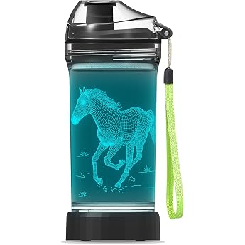 OkiyiD Horse Gifts for Girls Kids Water Bottle Sports Mug with Horse 3 D Luminous LED Light 400ml Tritan BPA Free Camping Holiday