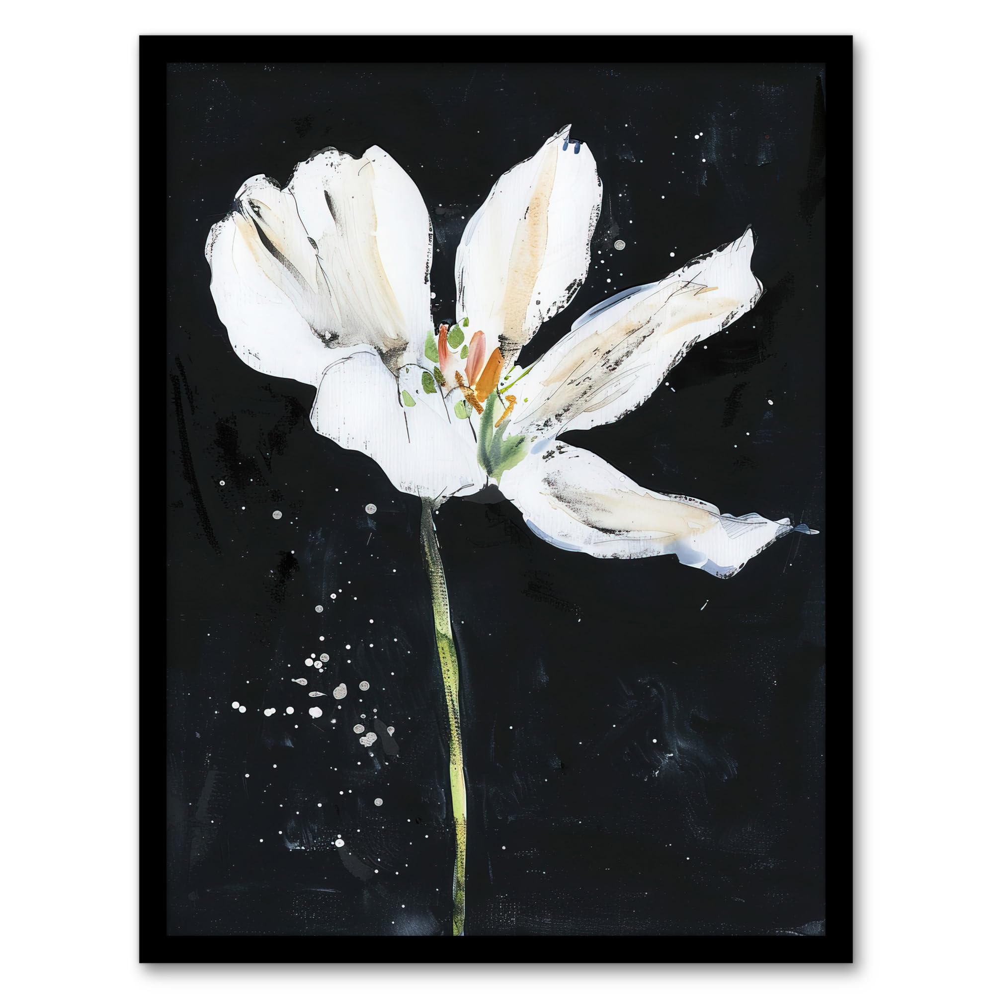 Artery8 Abstract White Lily Flower Black Floral Painting Living Room Artwork Framed Wall Art Print A4
