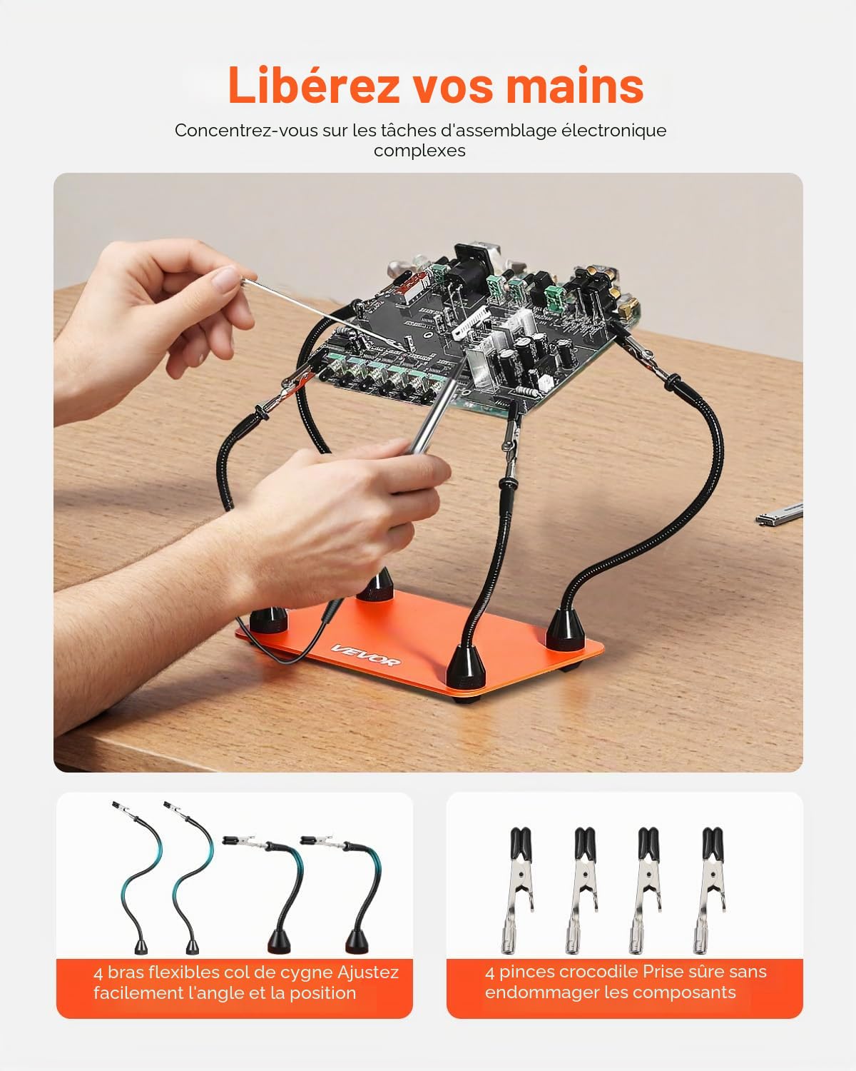 VEVOR Troisième Main Soudure à 4 Bras, Station Aide de Soudage Magnétique, avec 6 Piliers de Circuit Imprimé, Support de Pistolet à Air Chaud 360°, pour Réparation Électronique, Artisanat, Bricolage