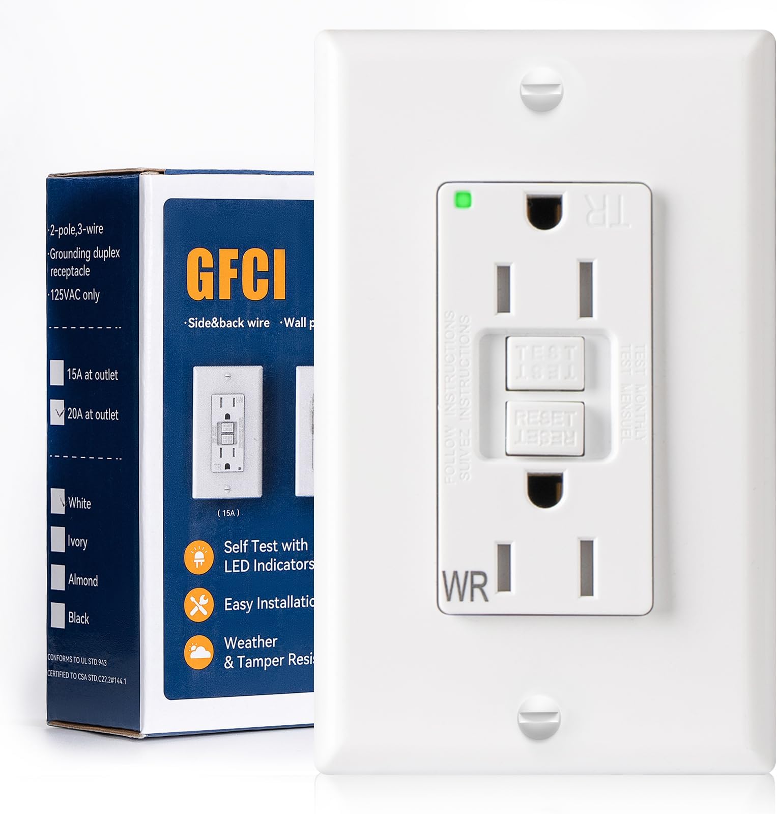 Amico GFCI Outlet 15 Amp with Thinner Design, Weather Resistant (WR), Self-Test GFI Receptacles with LED Indicator, Wall Plates and Screws Included, Indoor or Outdoor, ETL Listed, White,1Pack