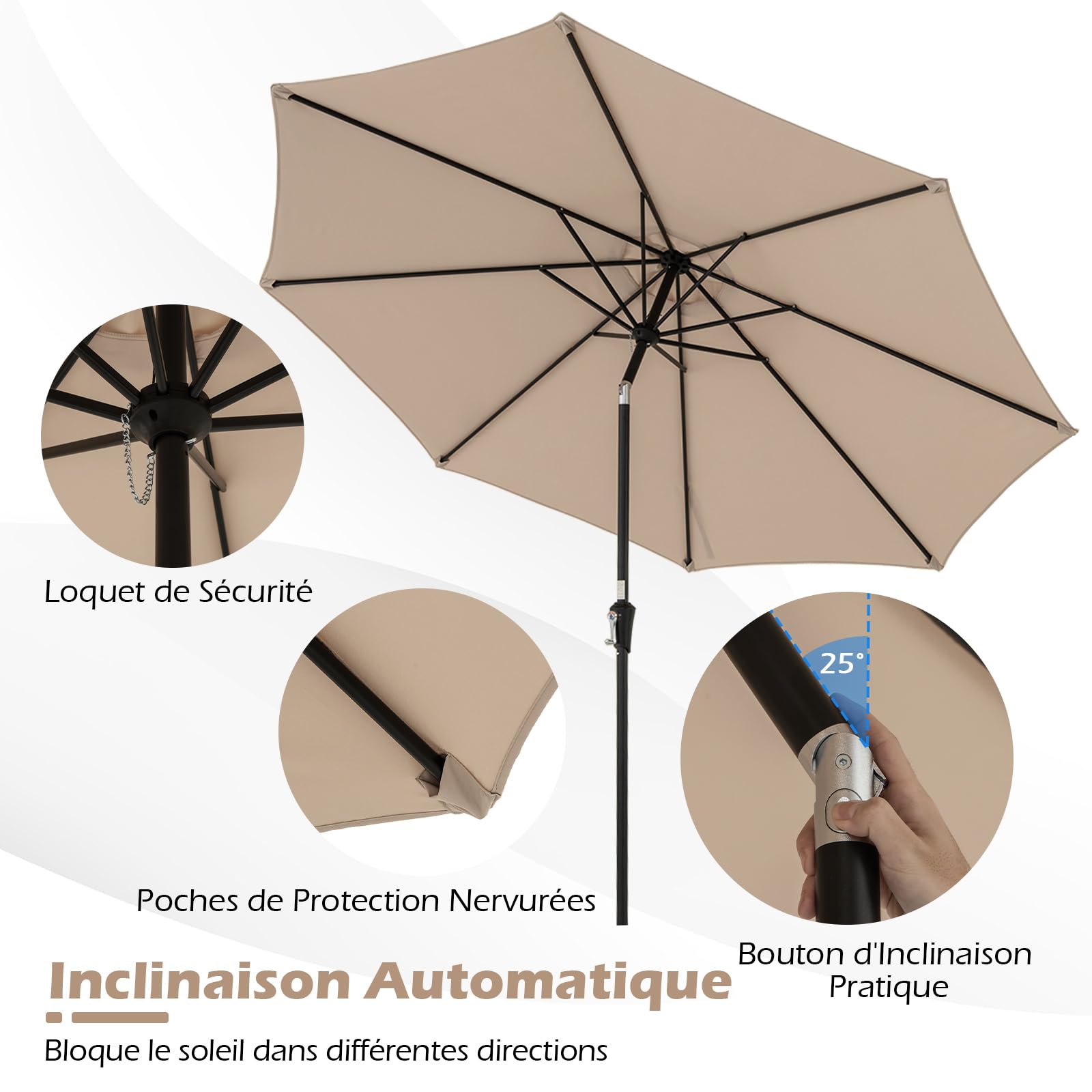 GOPLUS Parasol de Jardin Exterieur 3M, Grand Parasol Inclinable de 25° avec Manivelle, 8 Baleines Renforcés, Anti-UV, pour Terrasse Plage Balcon Patio, sans Base (Marron)