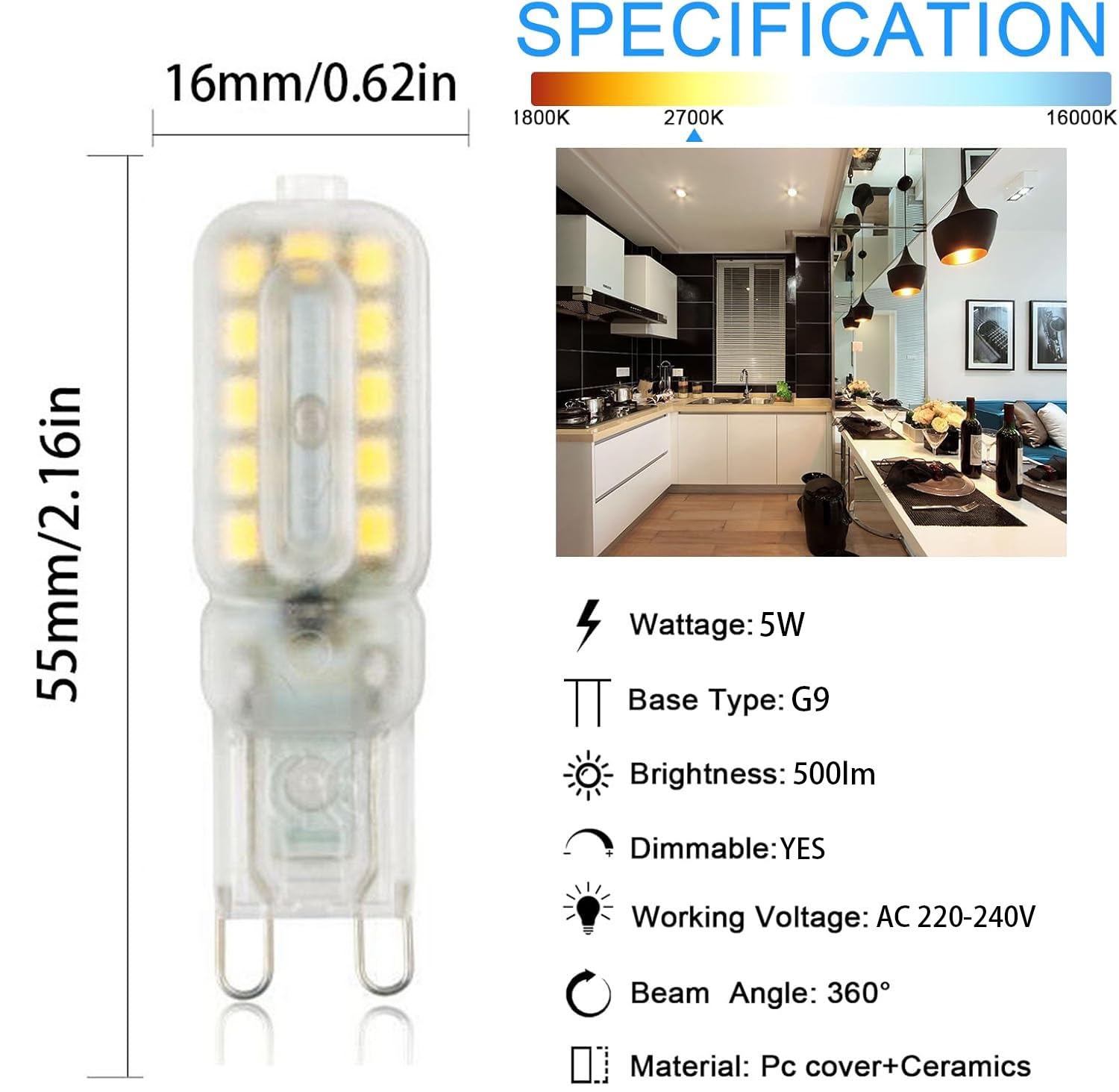 lampadina, Lampadina LED G9 dimmerabile 5W, confezione da 9, senza sfarfallio 220V-240V 500 lumen angolo del fascio 360°, luce(Natural White)