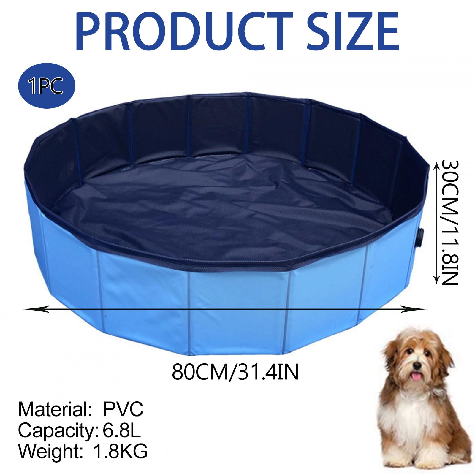 Piscina para perros, grande, 80 x 30 cm, plegable, antideslizante, portátil, de PVC, azul