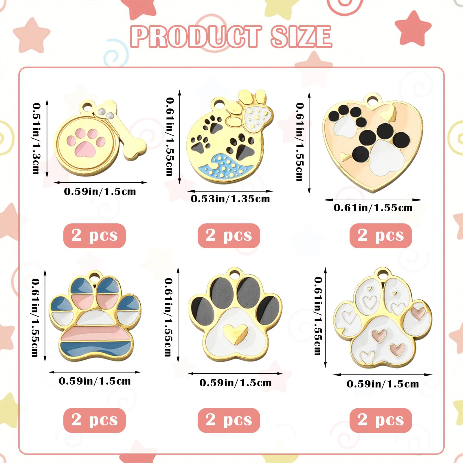 Set di 12 ciondoli a forma di zampa, per braccialetti in acciaio inox, colorati con stampa di zampe di cane, in metallo smaltato, per la creazione di gioielli, orecchini, bracciali e