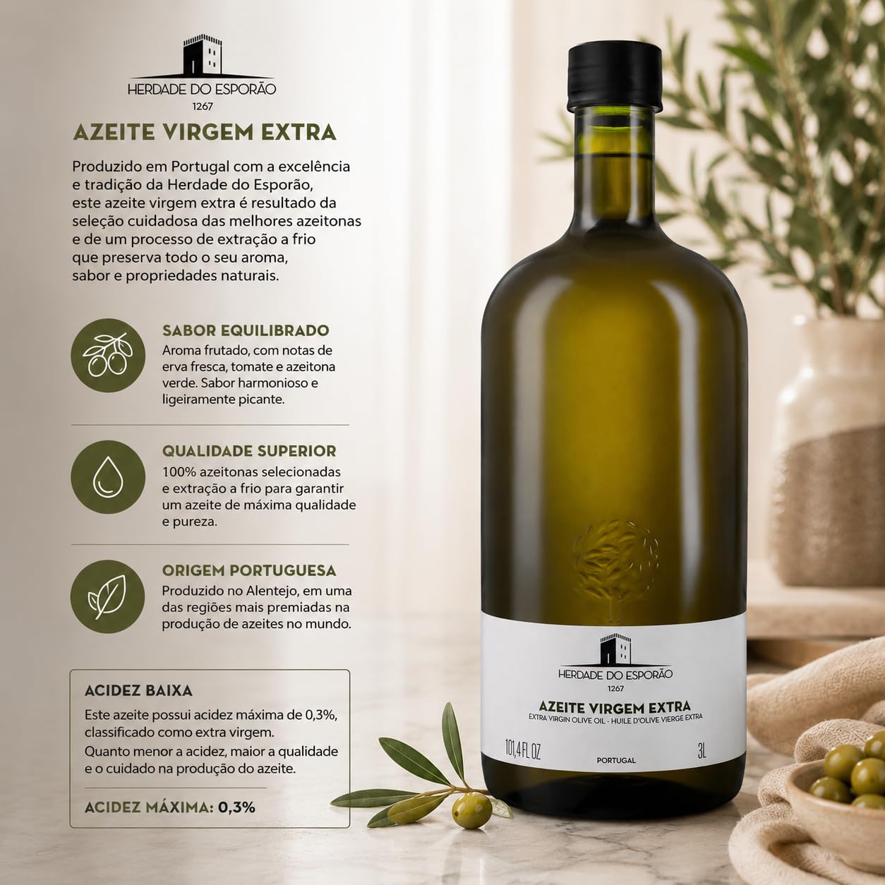 Herdade do Esporão - Kaltgepresst Olivenöl 0.20% (Natives Olivenöl Extra aus Portugal) - Flasche 3 Lt