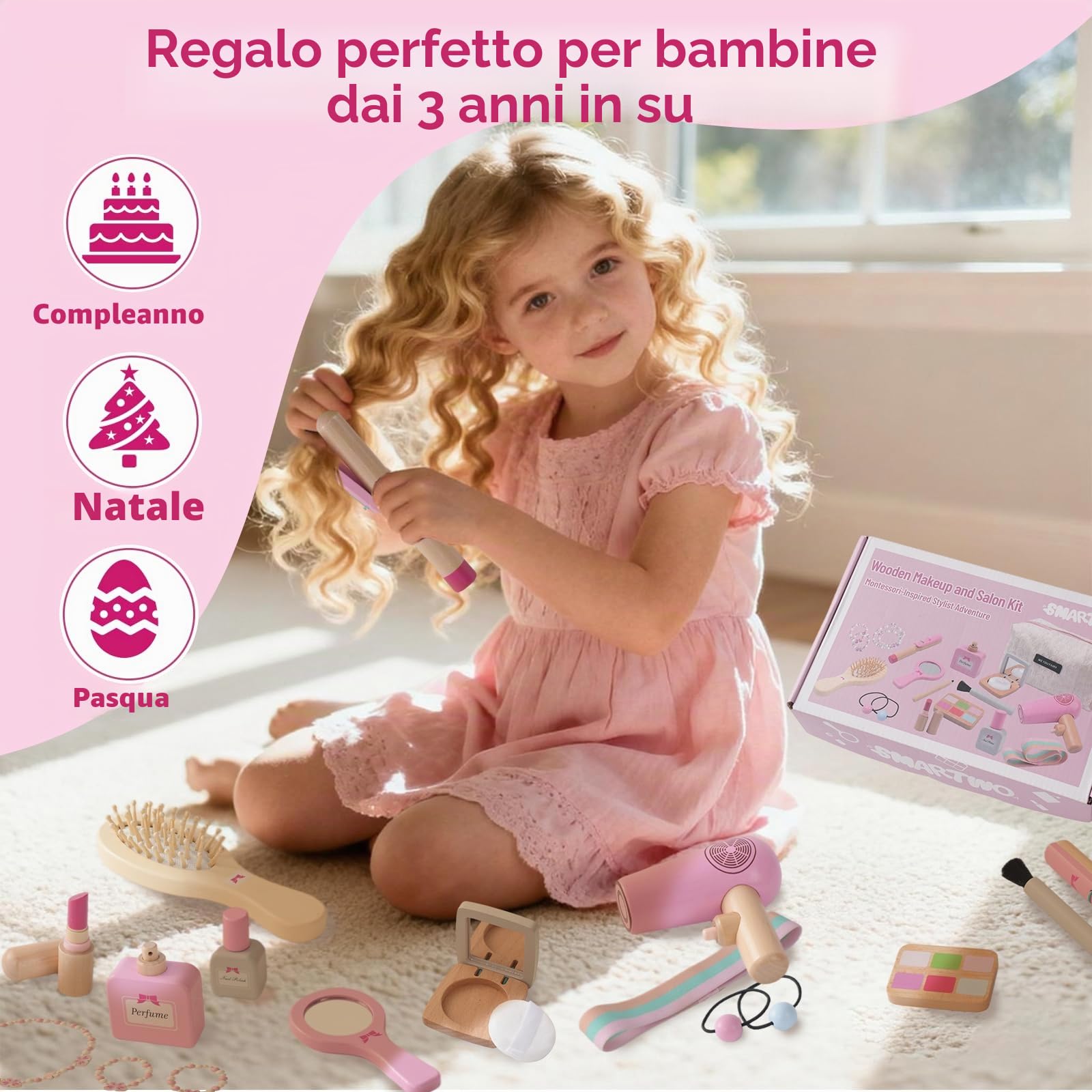 Gioco di Trucco e Parrucchiere in Legno per Bambine, 19 Pezzi, Cosmetici Finiti in Legno con Borsetta, Giocattoli di Ruolo, Accessori Toeletta Ragazze, Regalo di Compleanno per 3 4 5 6 Anni