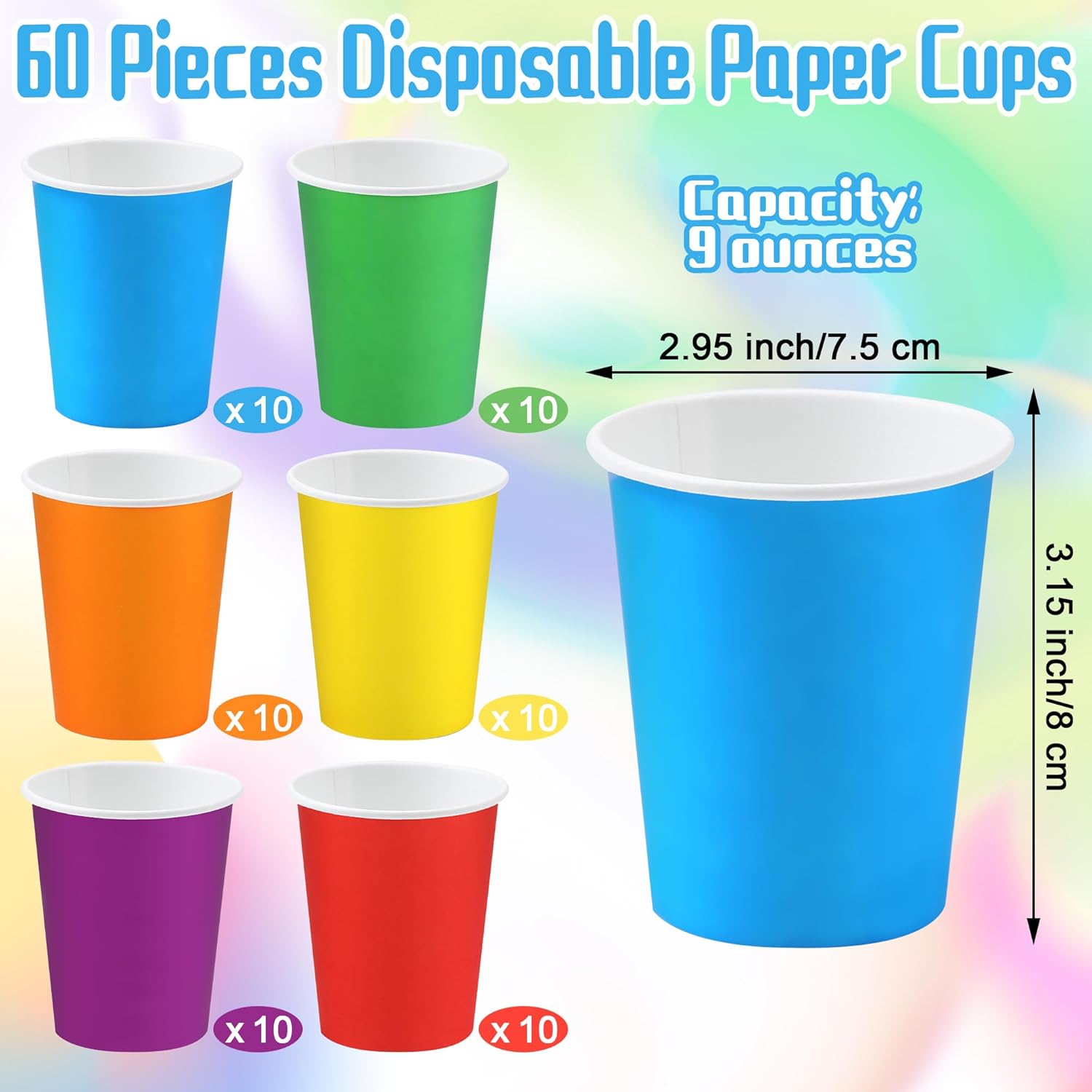 URATOT 60 Pieces 9 Ounce Disposable Paper Cups Party Cups Drinking Cups for Party, DIY and Holiday, 6 Colors - Image 2