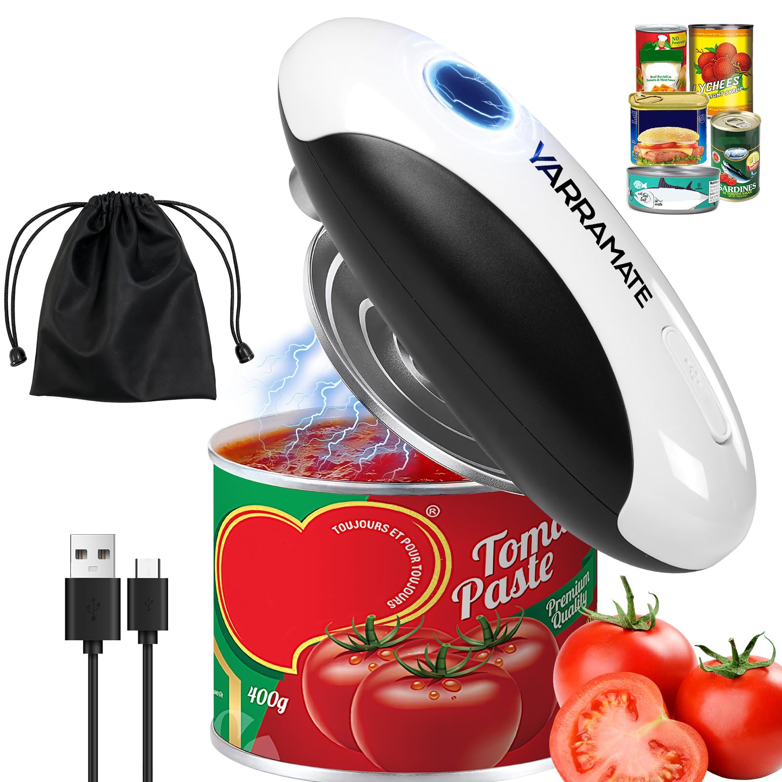 YARRAMATE Ouvre Boite Electrique Rechargeable – Ouvre-boite de Conserve Automatique à Une Touche, Bord Lisse, Mains Libres pour Seniors, avec Sac de Rangement, Portable Voyage Camping Cadeau