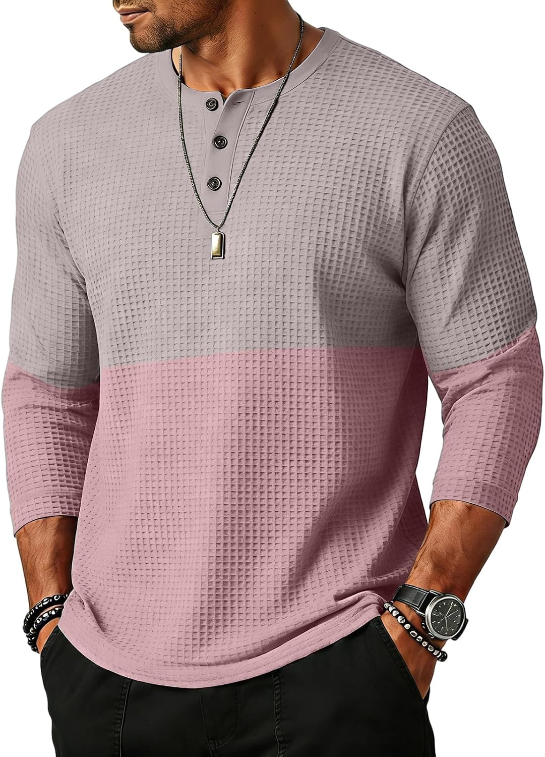 WENKOMG1 Men's Waffle Knit Henley Shirt 3/4 Sleeve Casual Jersey Baseball Tee Shirt, S-3XL
