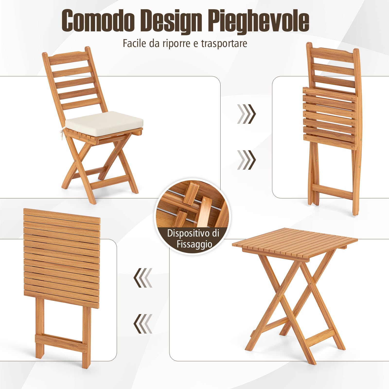 COSTWAY Bistro Set Esterno Legno Acacia Tavolo 2 Sedie Pieghevoli con Cuscini