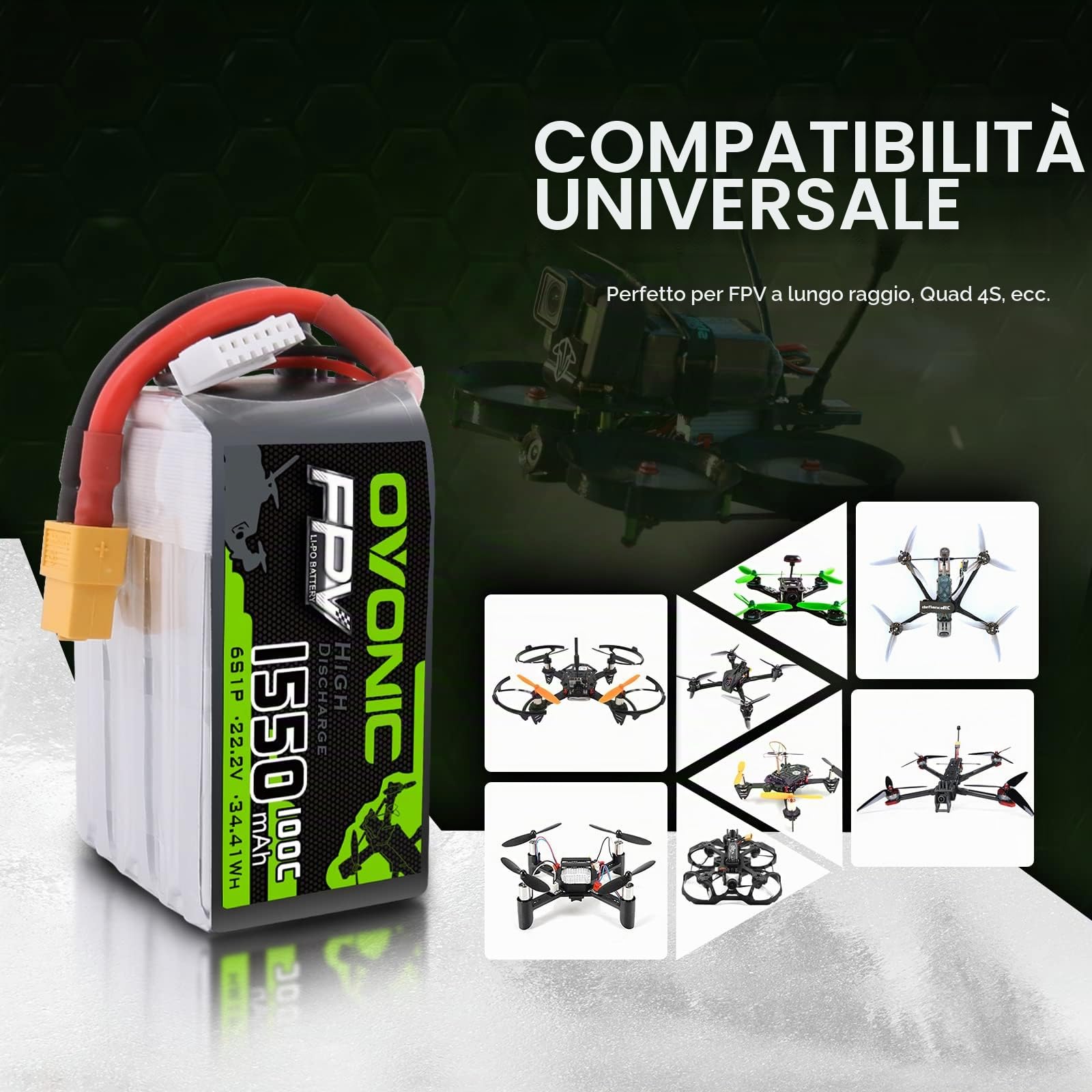 OVONIC 6S Batteria LiPo 22.2V 1550mAh 100C con connettore XT60 per FPV Racing RC Quadcopter Elicottero Aeroplano Multi-Motor Hobby Parti fai-da-te.