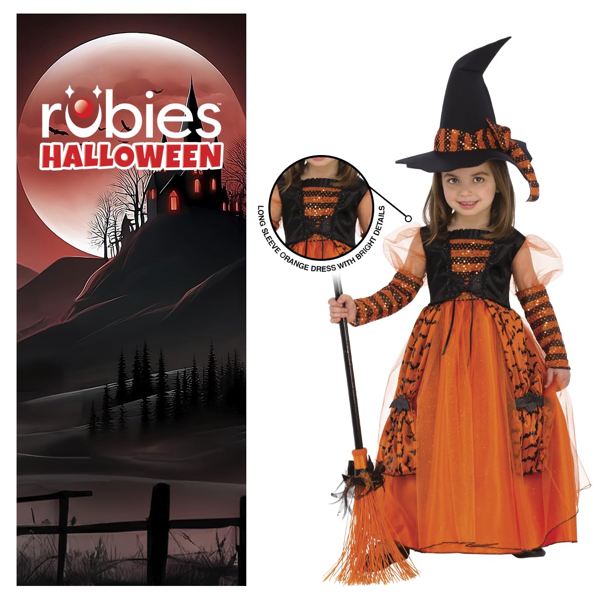 Rubies Costume da strega brillante per bambina, arancione, con dettagli in glitter e cappello con dettagli in paillettes