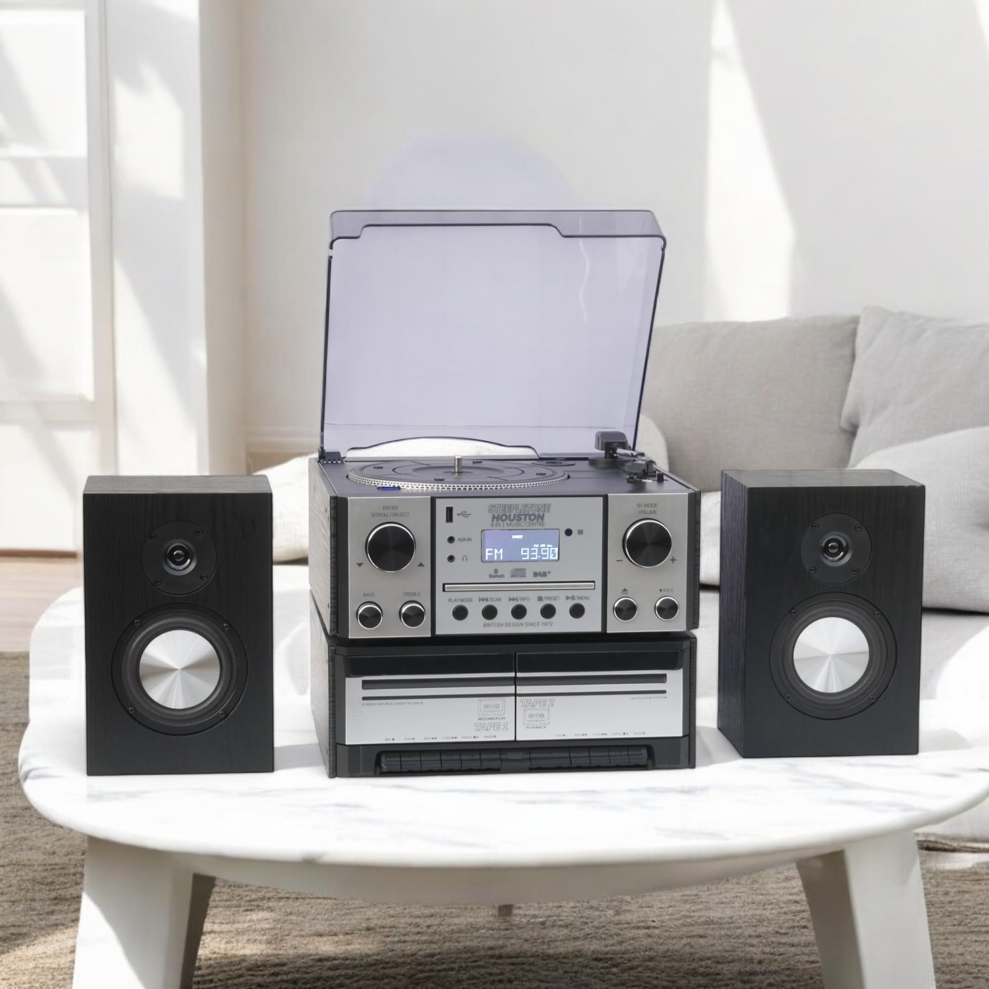 Steepletone HOUSTON XP Argent Centre de Musique 6 en 1, Lecteur de Disques Vinyl Bluetooth, Platine Tourne-Disque avec CD, Cassette, Radio DAB+ / FM, Lecture et Encodage MP3 USB, NOUVEAU Haut-Parleurs