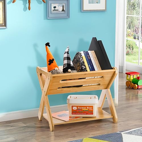 Miniatura 2 de Okllen Organizador de libros para niños con estante, organizador de almacenamiento de libros de bambú, estante organizador de libros para niños