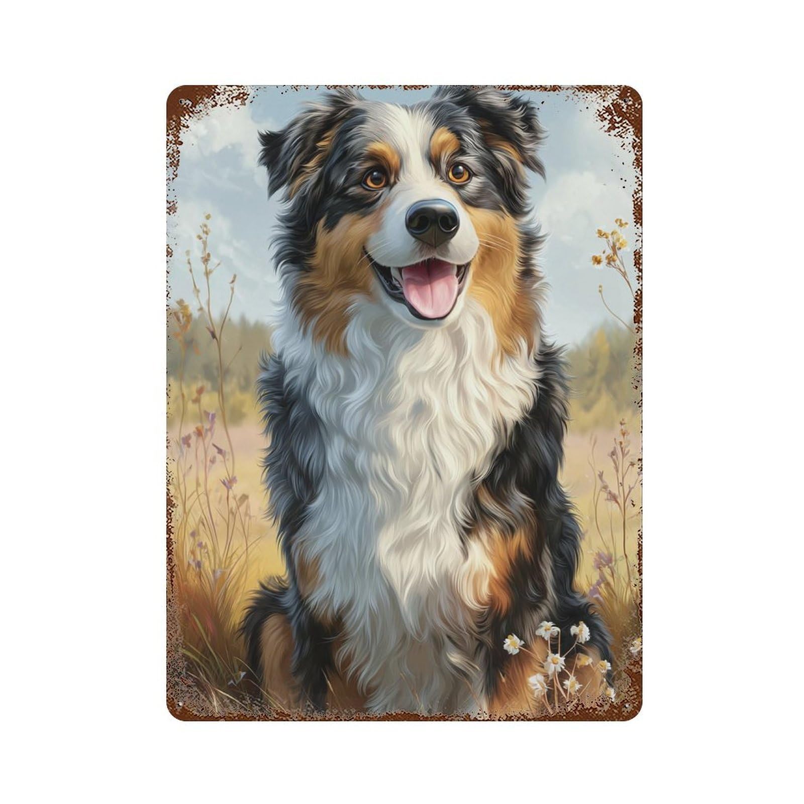 Rustic Tin Plaque Tri-Color Australian Shepherd in Field -1 15.7"x11.8", Vintage Wall Decor for Pub, Kitchen And Man Cave Decor