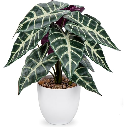 Briful Fake Plant 15" Realistic Potted Artificial Plant, Alocasia Amazonica Polly Faux Plant, Large Leaves Fake Houseplant Tropical Plant for Home Indoor Bathroom Living Room Wedding Decor