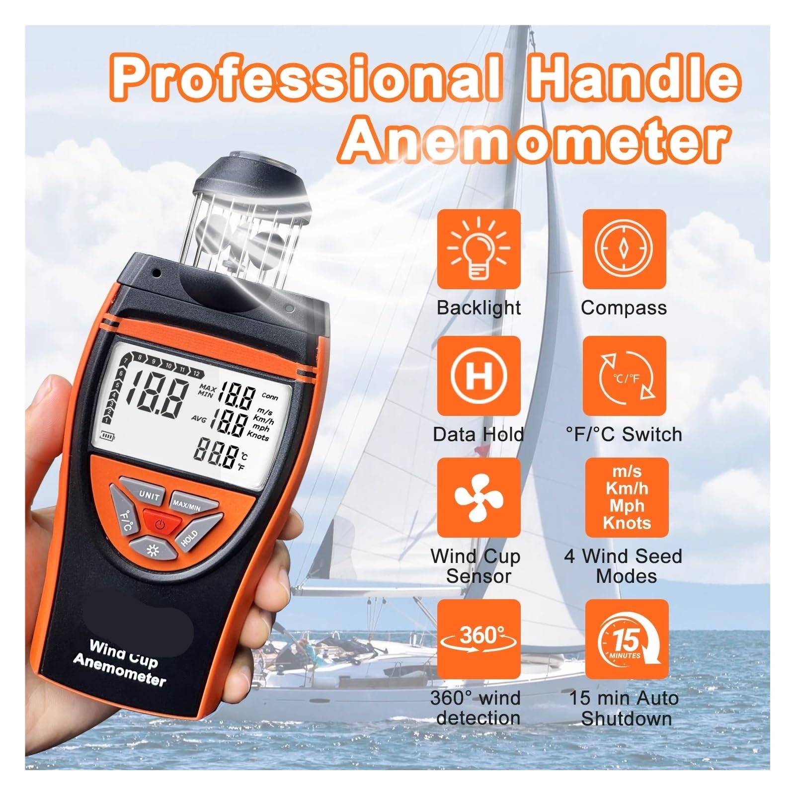 Anemómetro, Anemómetro de velocidad del viento de 0,8 a 150 km/h, medidor de temperatura y promedio del viento de alta precisión con brújula y registro de datos.