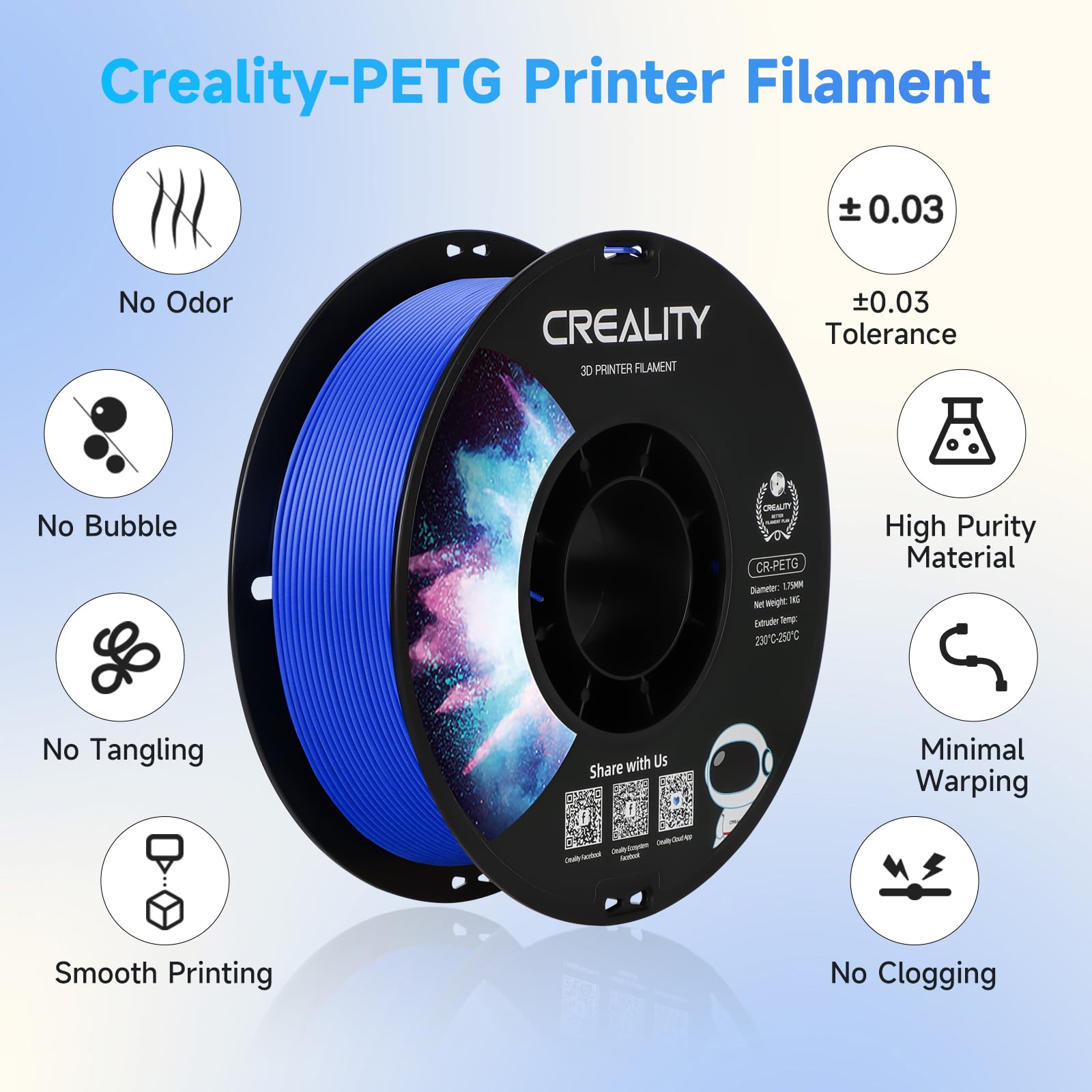 Creality Filamento PETG 1,75 mm, Ufficiale Filamento Stampante 3D Che Non si Aggroviglia, Forte Legame e Prestazioni a Sbalzo Precisione Dimensionale +/-0,03 mm, 2,2 lbs/Spool, Blu