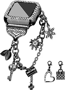 JOYOZY Band Compatible with Apple Watch 38mm 40mm 41mm 42mm 44mm 45mm 46mm, Bling Strap with Glitter Case Built-in Screen Protector, Interchangeable Charms Dressy Bracelet for Women